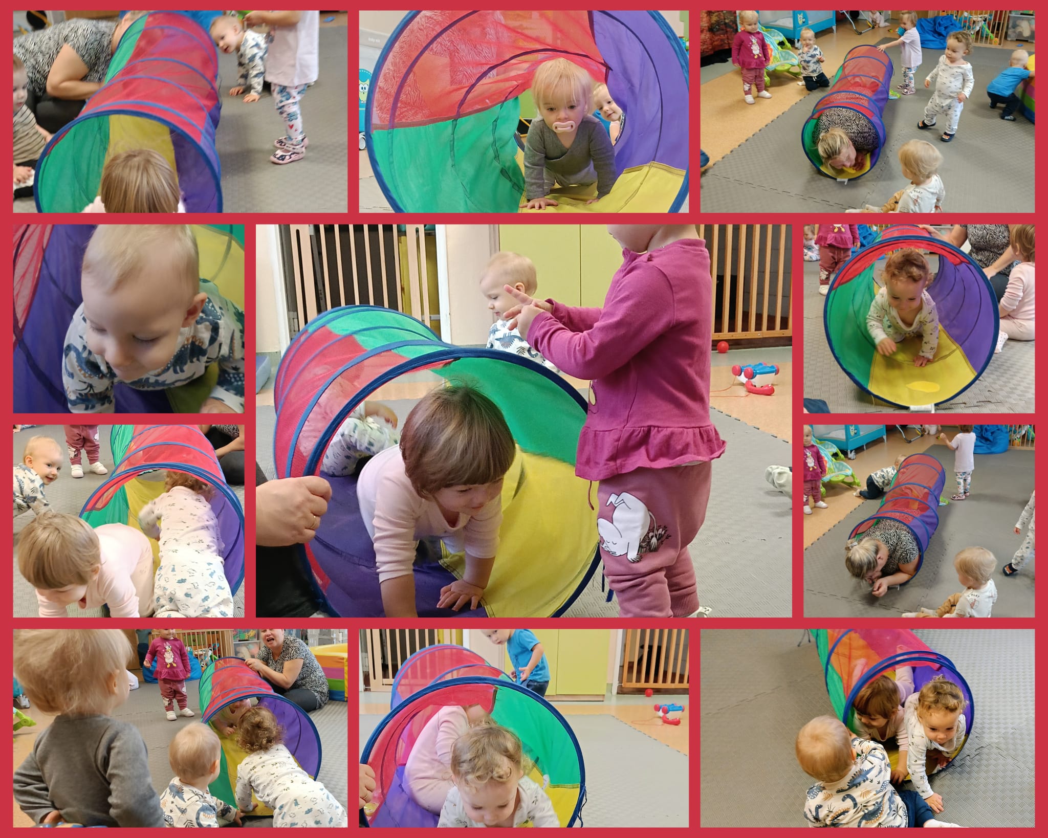 Słoneczka przechodzą przez kolorowy tunel.