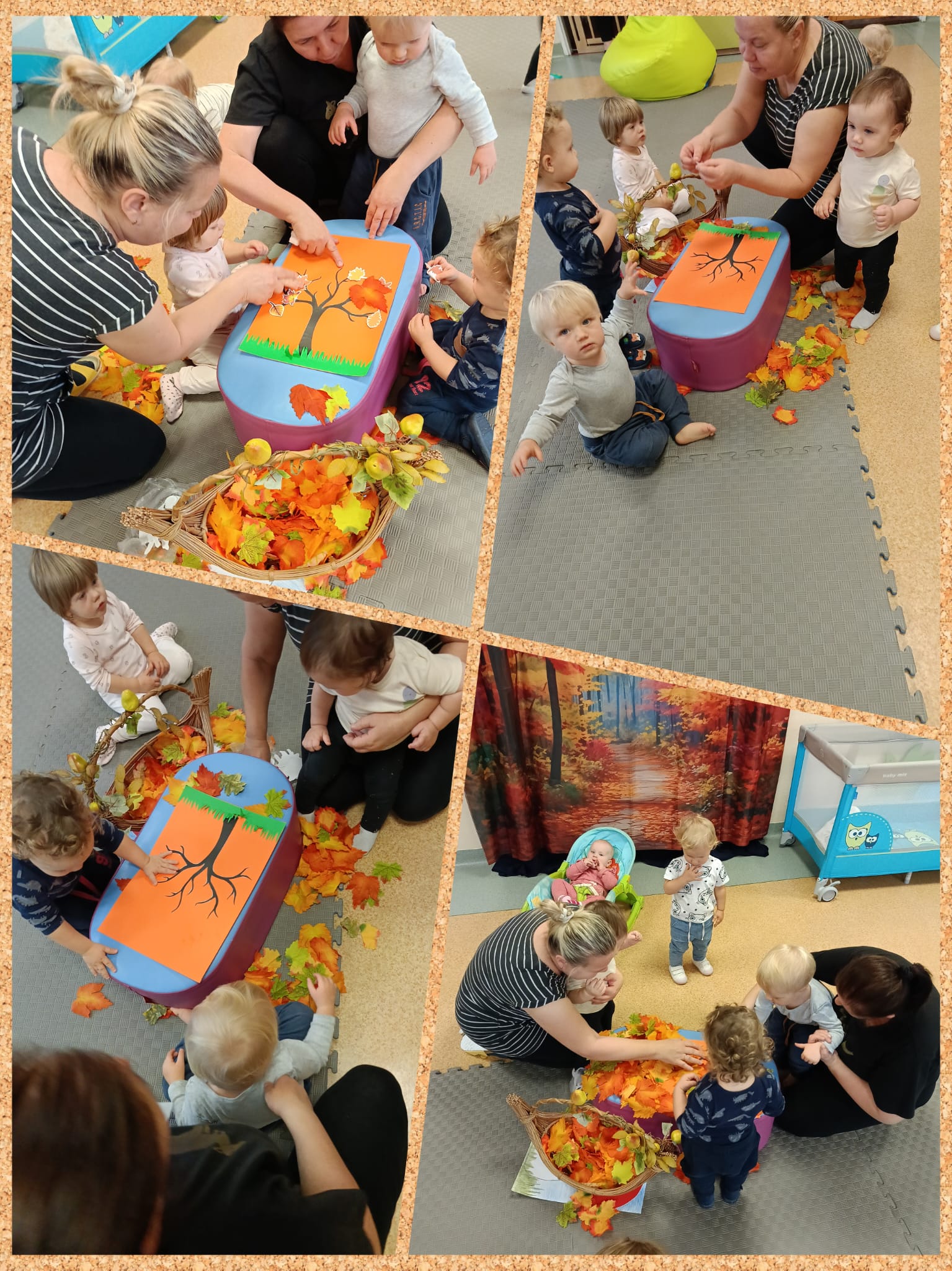 Maluszki przyklejają kropki na muchomora i bawią się liśćmi