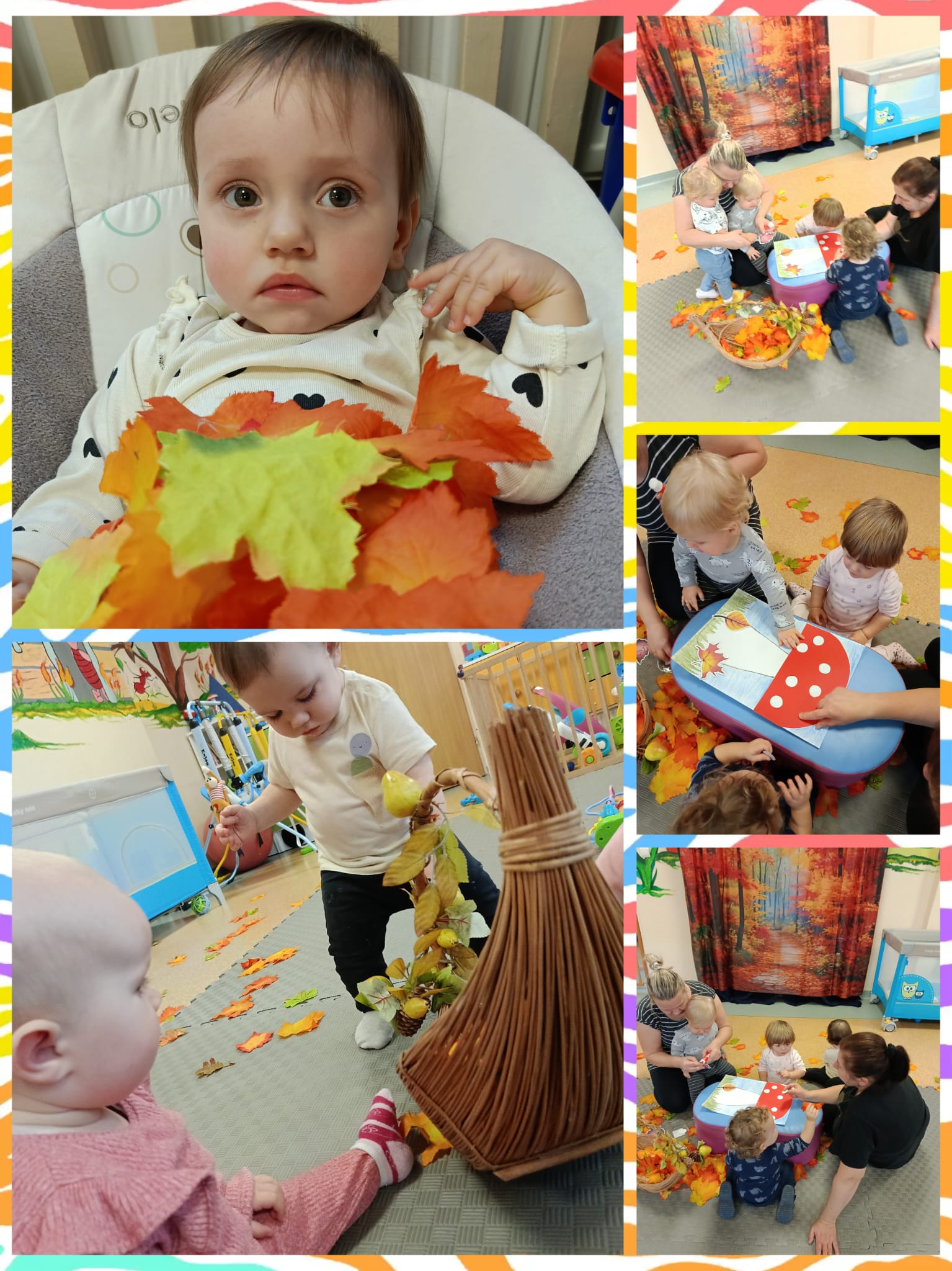 Dzieciaczki naklejają listki na jesienne drzewo