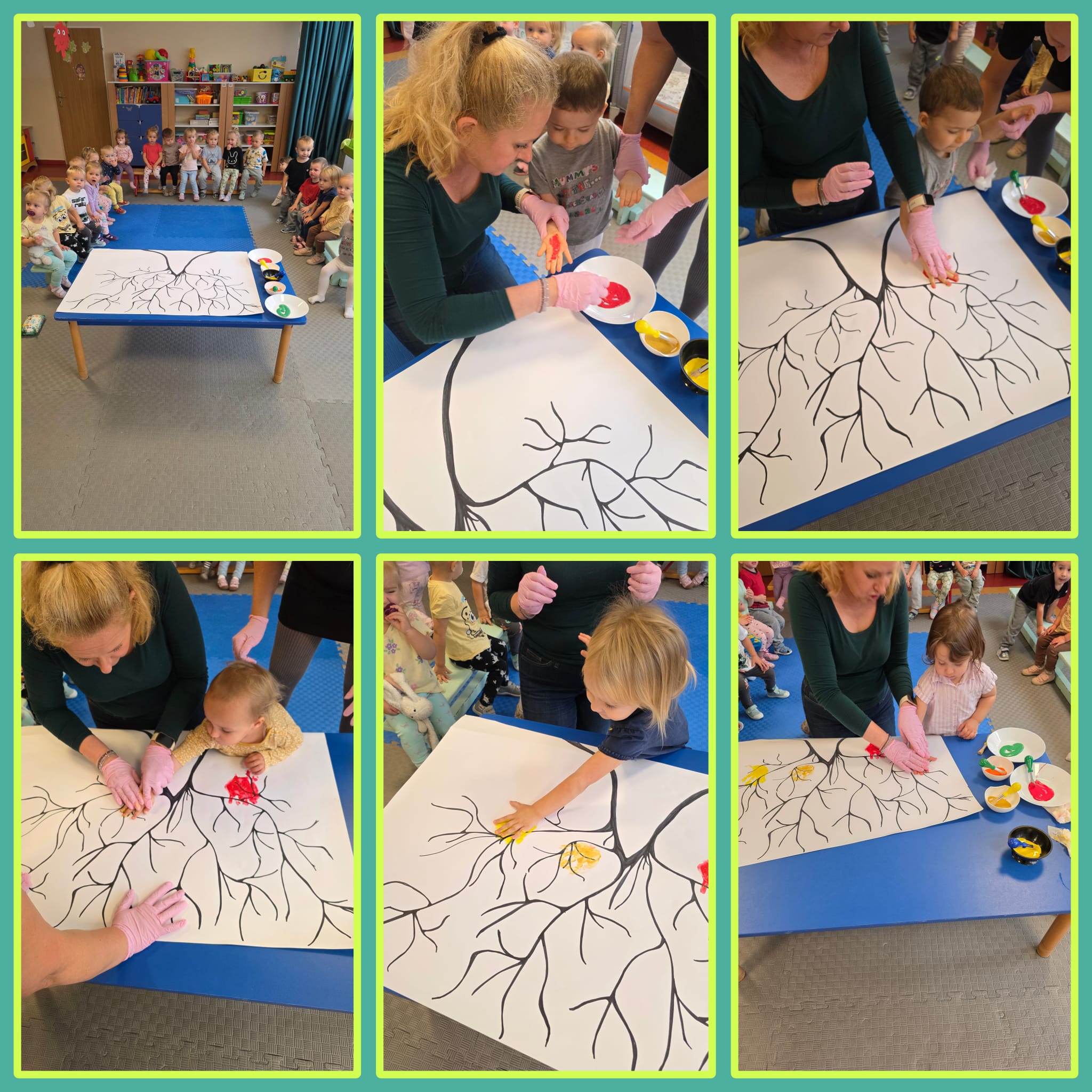 Maluszki odbijają rączki na kartce