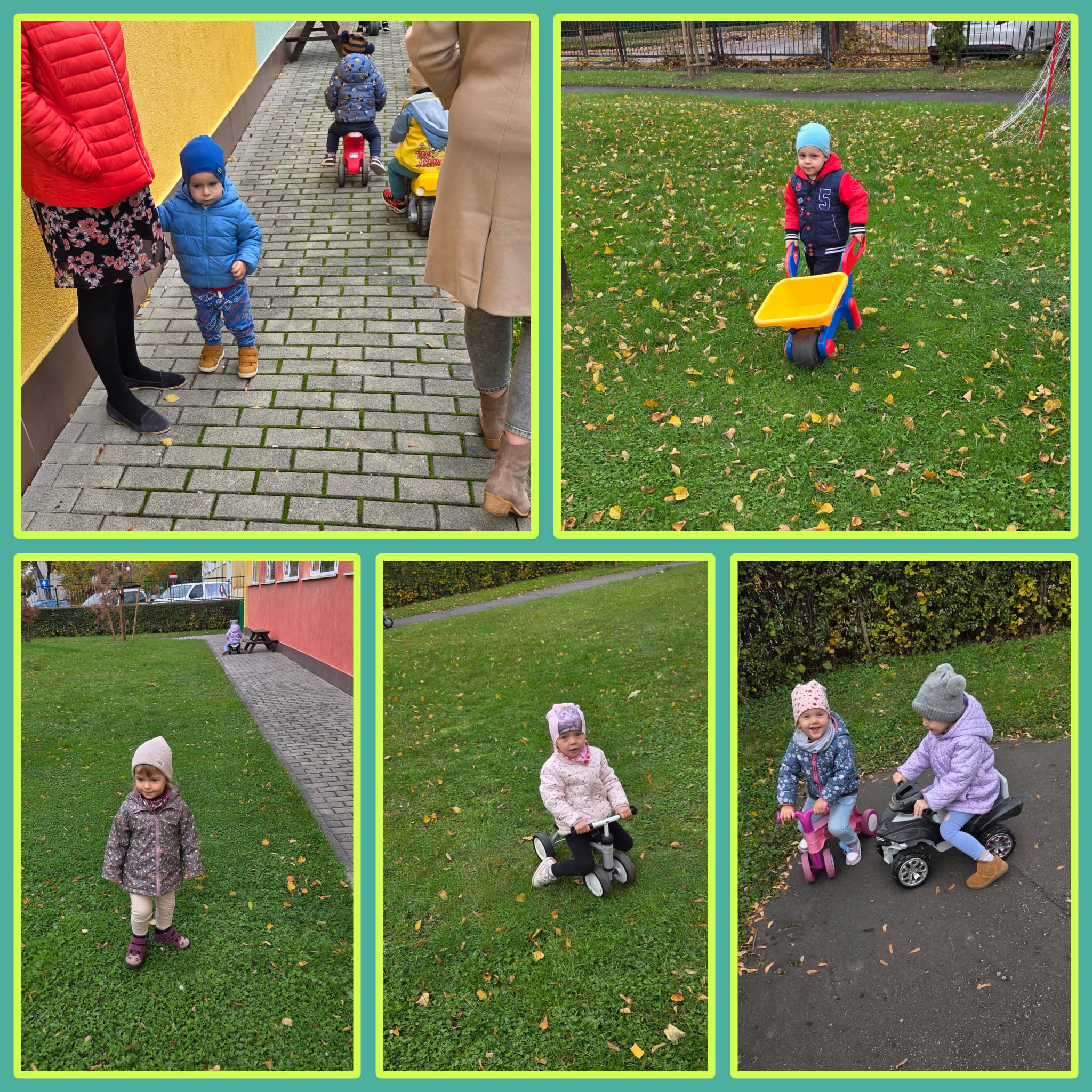 Krasnoludki jeżdżą jeździkami w ogrodzie