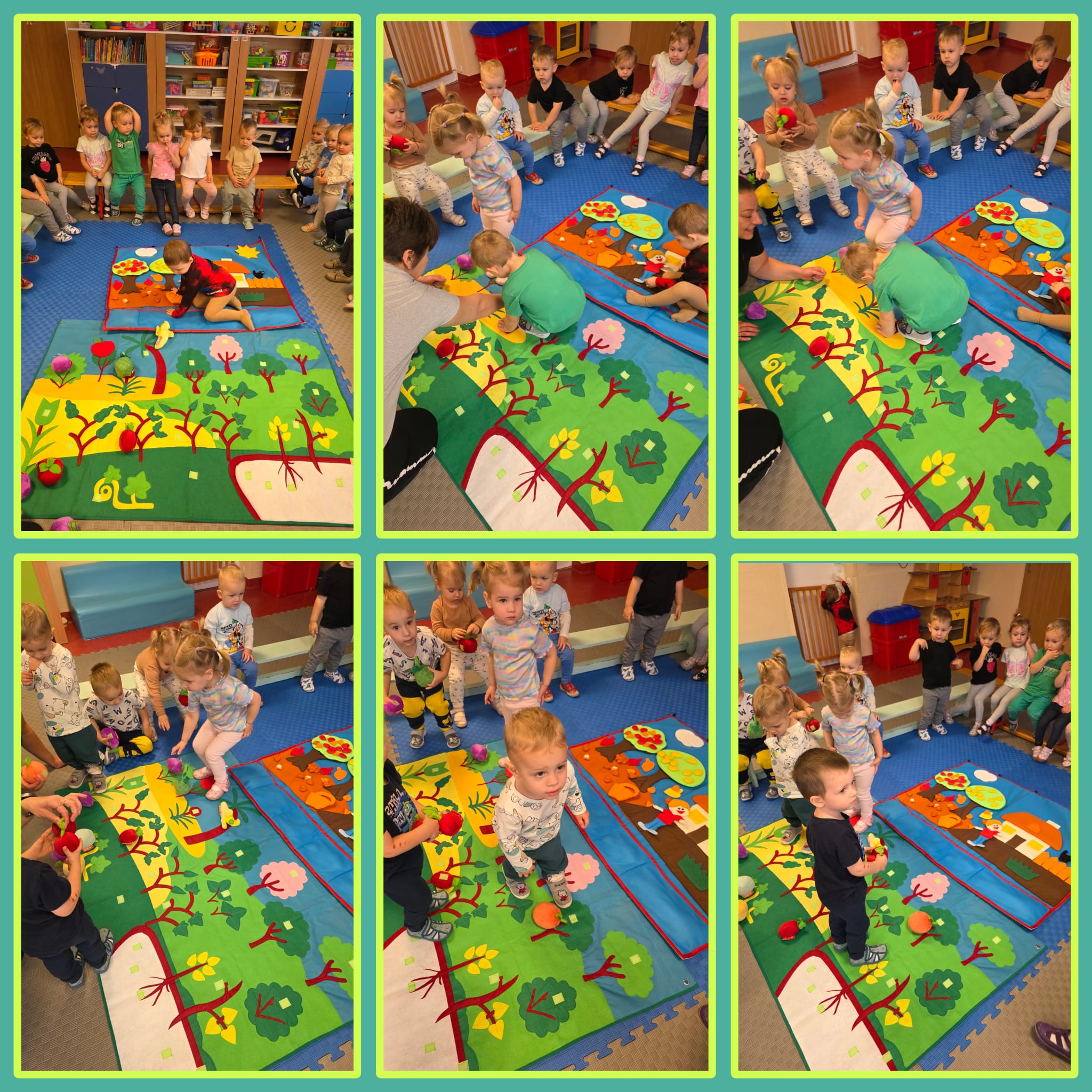 Dzieci korzystają z mat edukacyjnych -jesień oraz owoce i warzywa