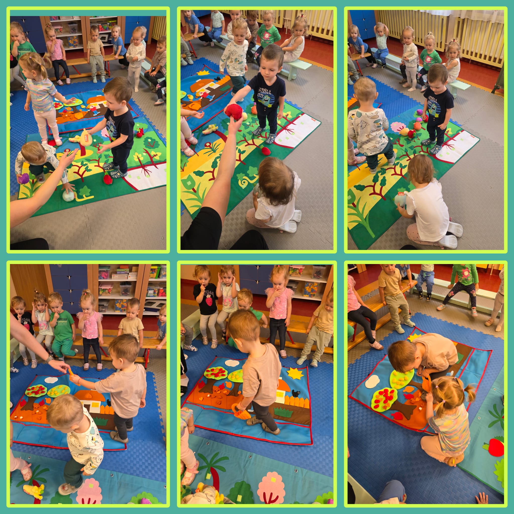 Maluszki przyczepiają warzywa i owoce do maty