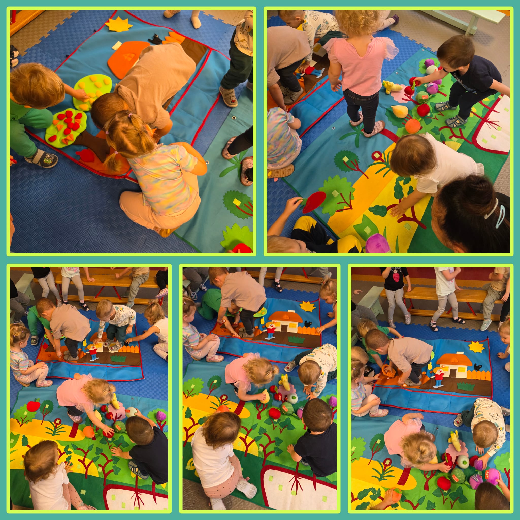 Krasnoludki bawią sie owocami i listkami