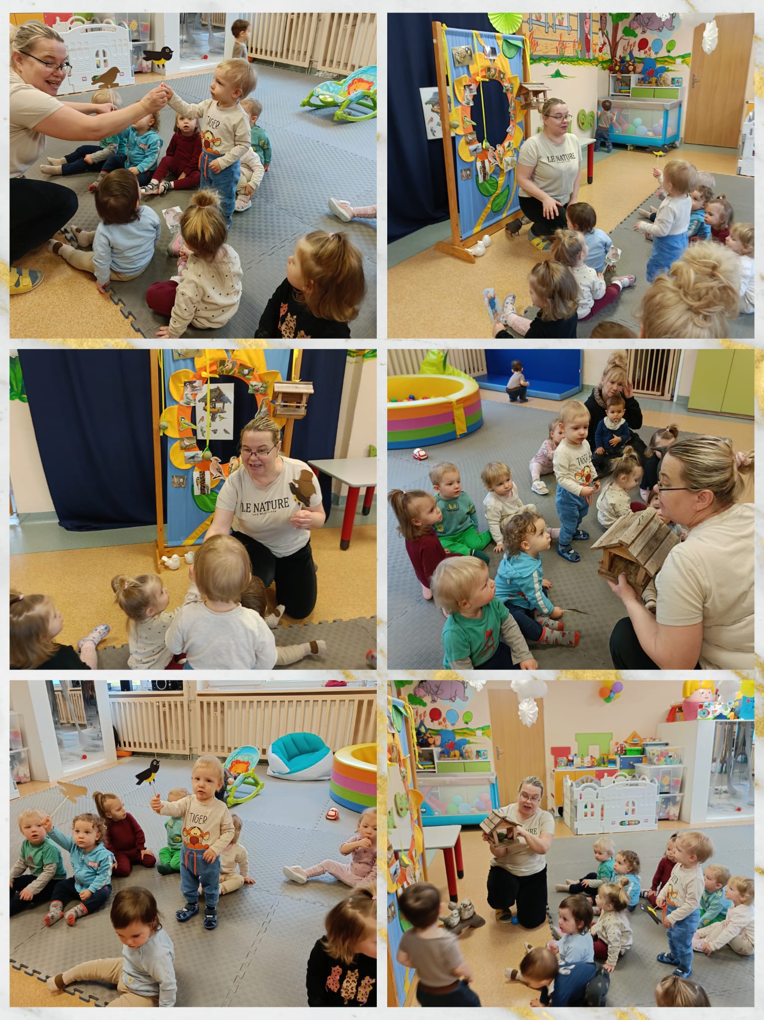 Dzieciaczki trzymają kukiełki - ptaszki