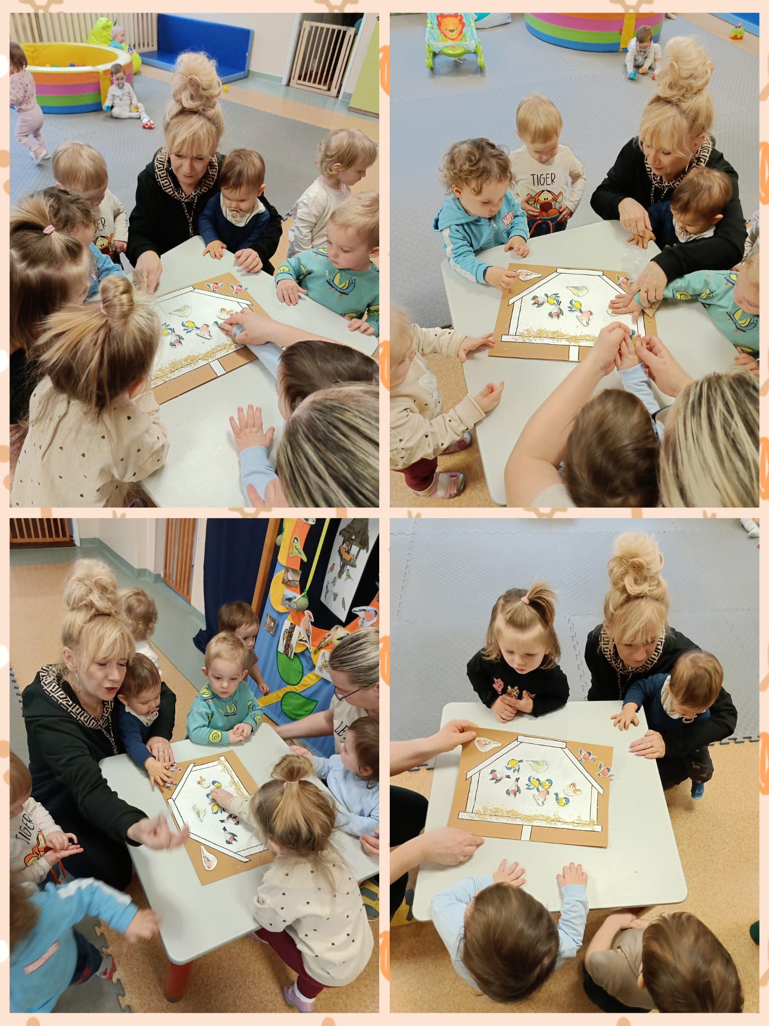 Dzieci przyklejają ptaszki w karmniku