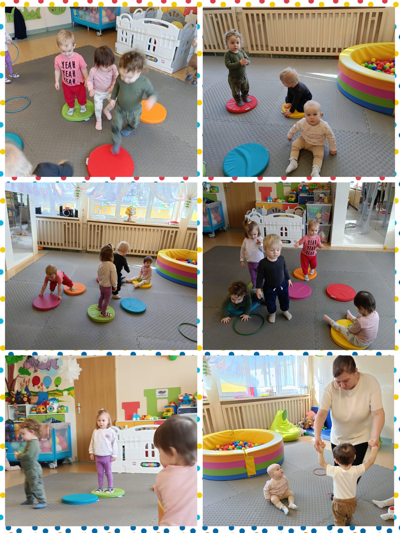 Zabawy maluszków z kolorowymi krążkami