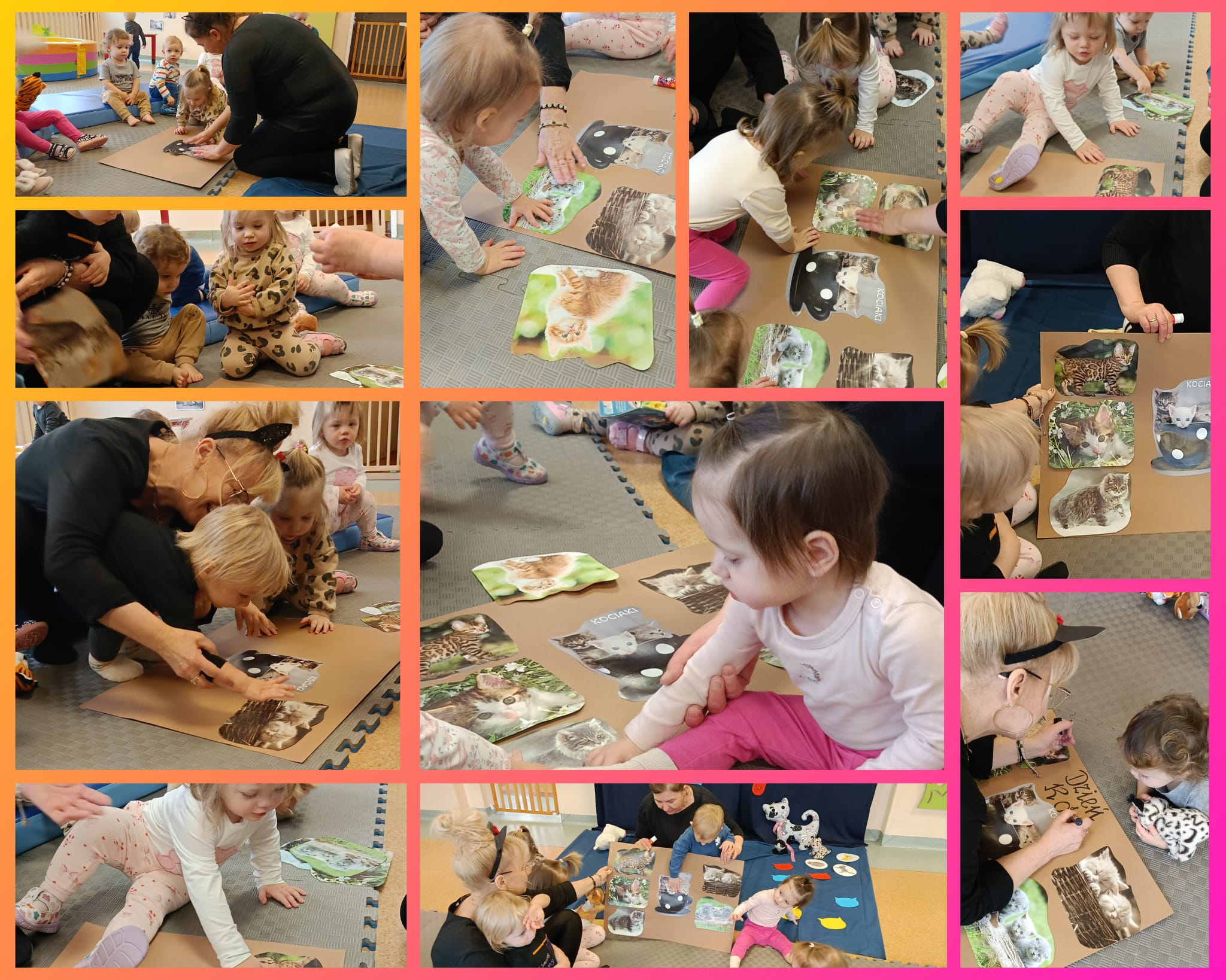 Dzieci przyklejają ilustracje kotów na arkusz papieru.