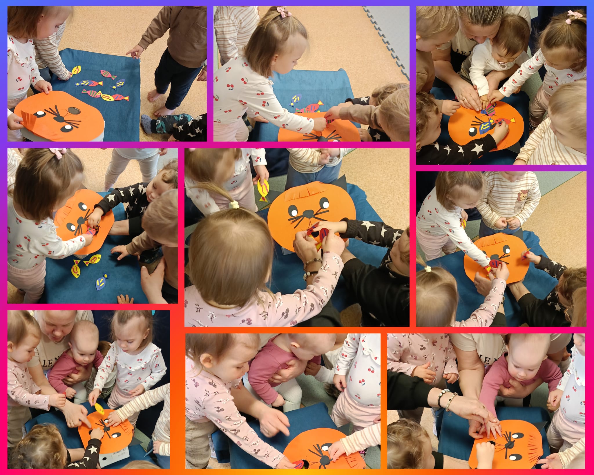 Dzieci karmią kota kolorowymi rybkami.