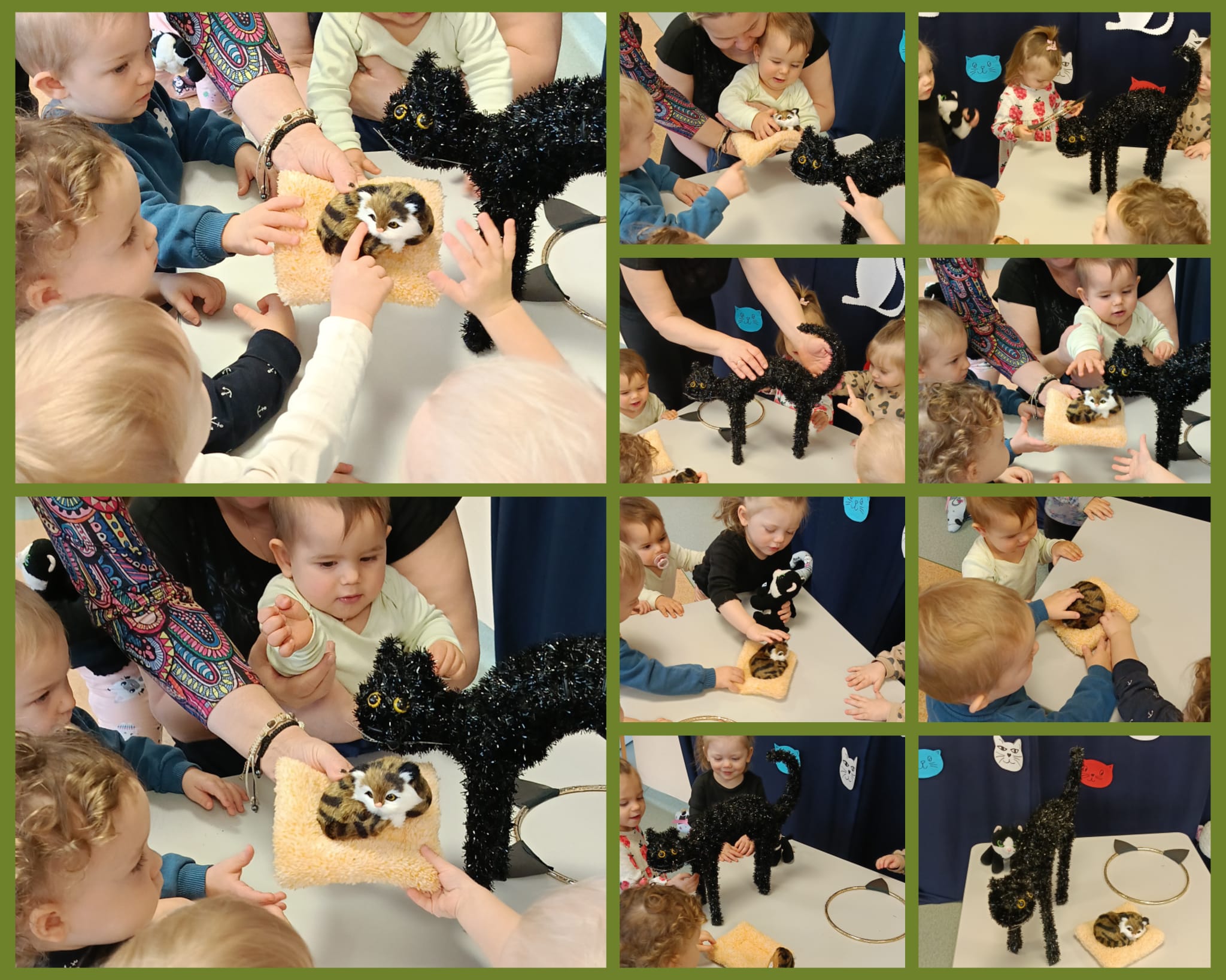 Słoneczka głaszczą maskotki kotka szorstkiego i miękkiego.