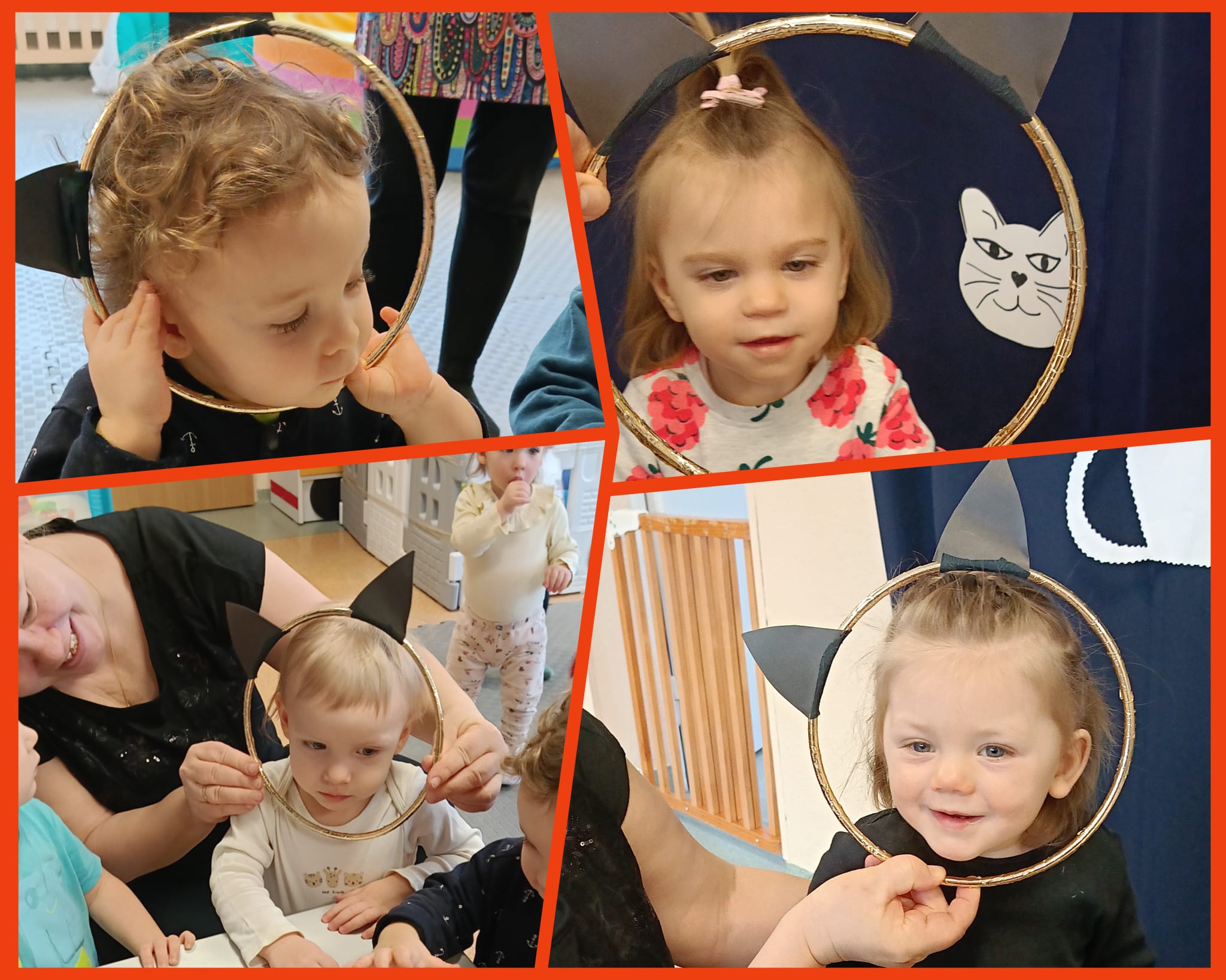 Dzieci pozują do zdjęć z kocimi uszami.