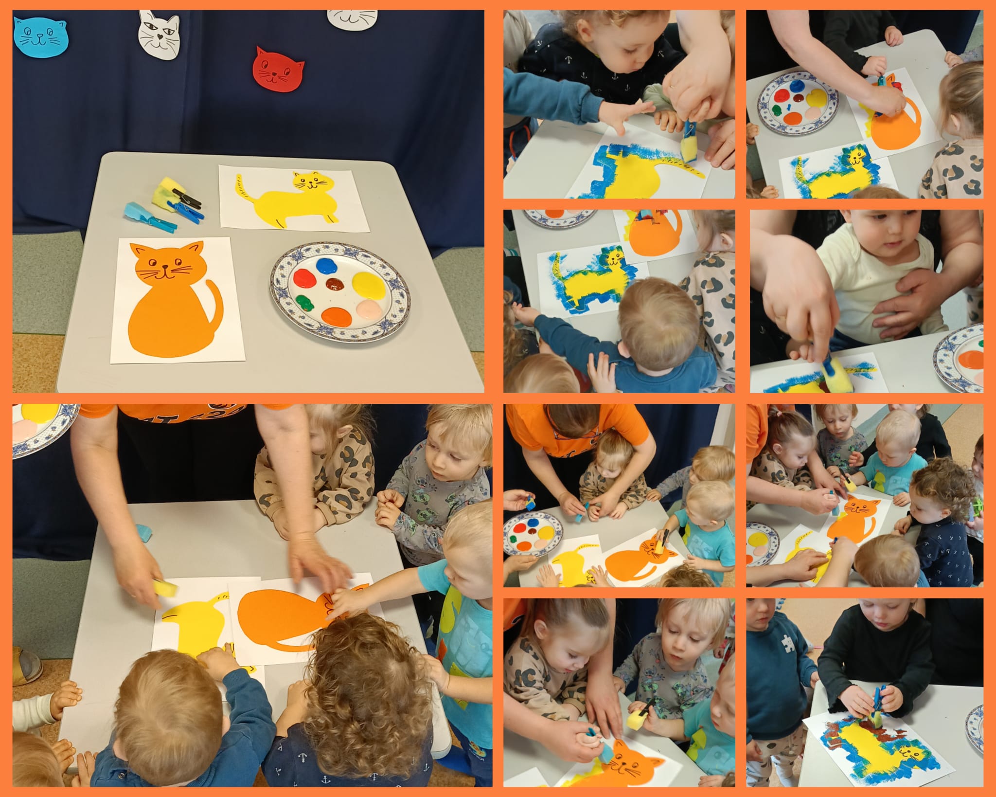 Maluszki malują farbami i gąbką kontur kota.