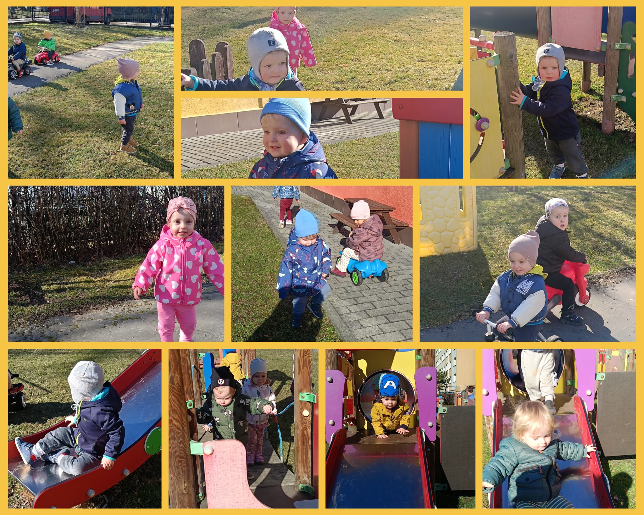 Maluszki bawią się na placu zabaw.