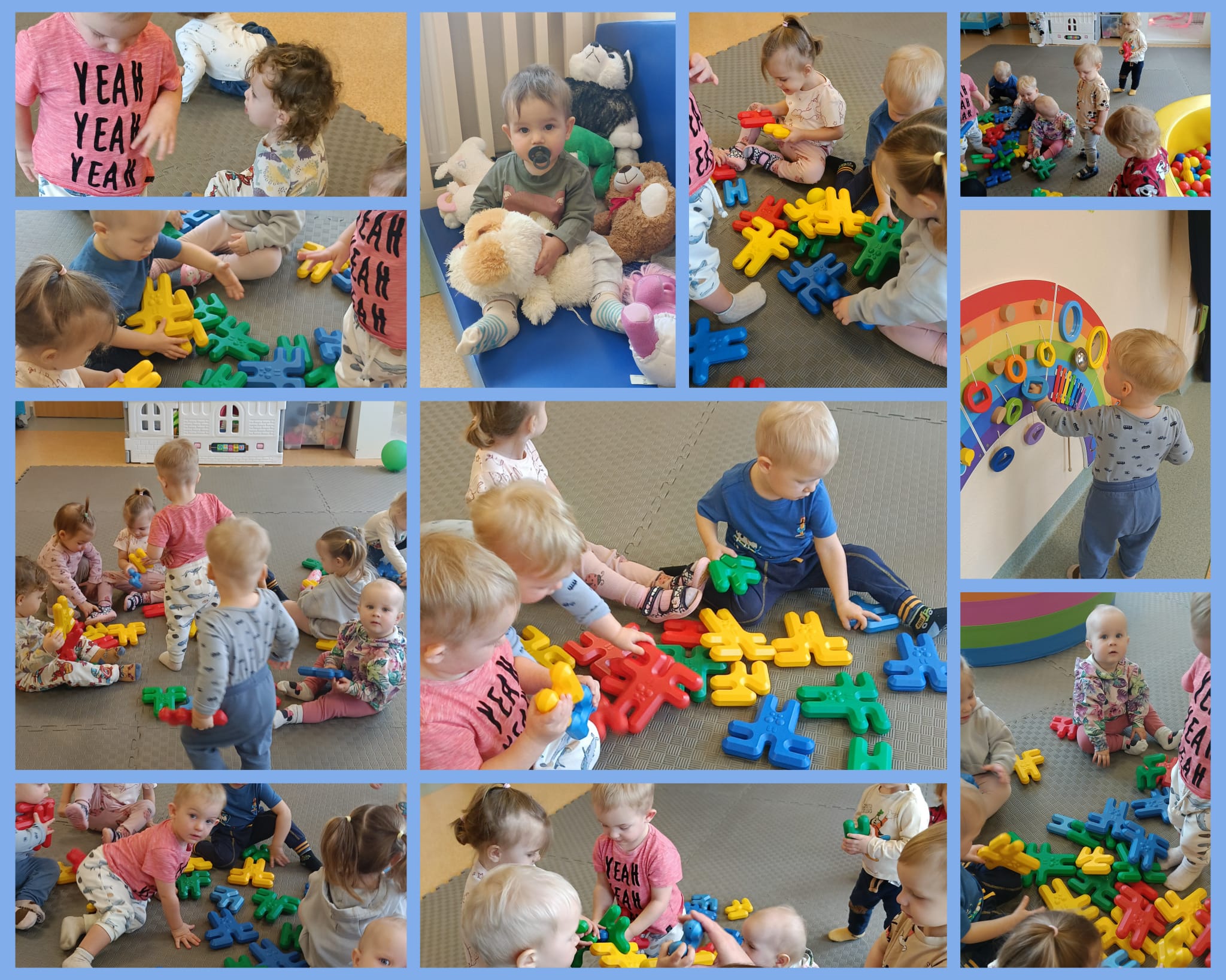 Dzieci budują z kolorowych klocków.