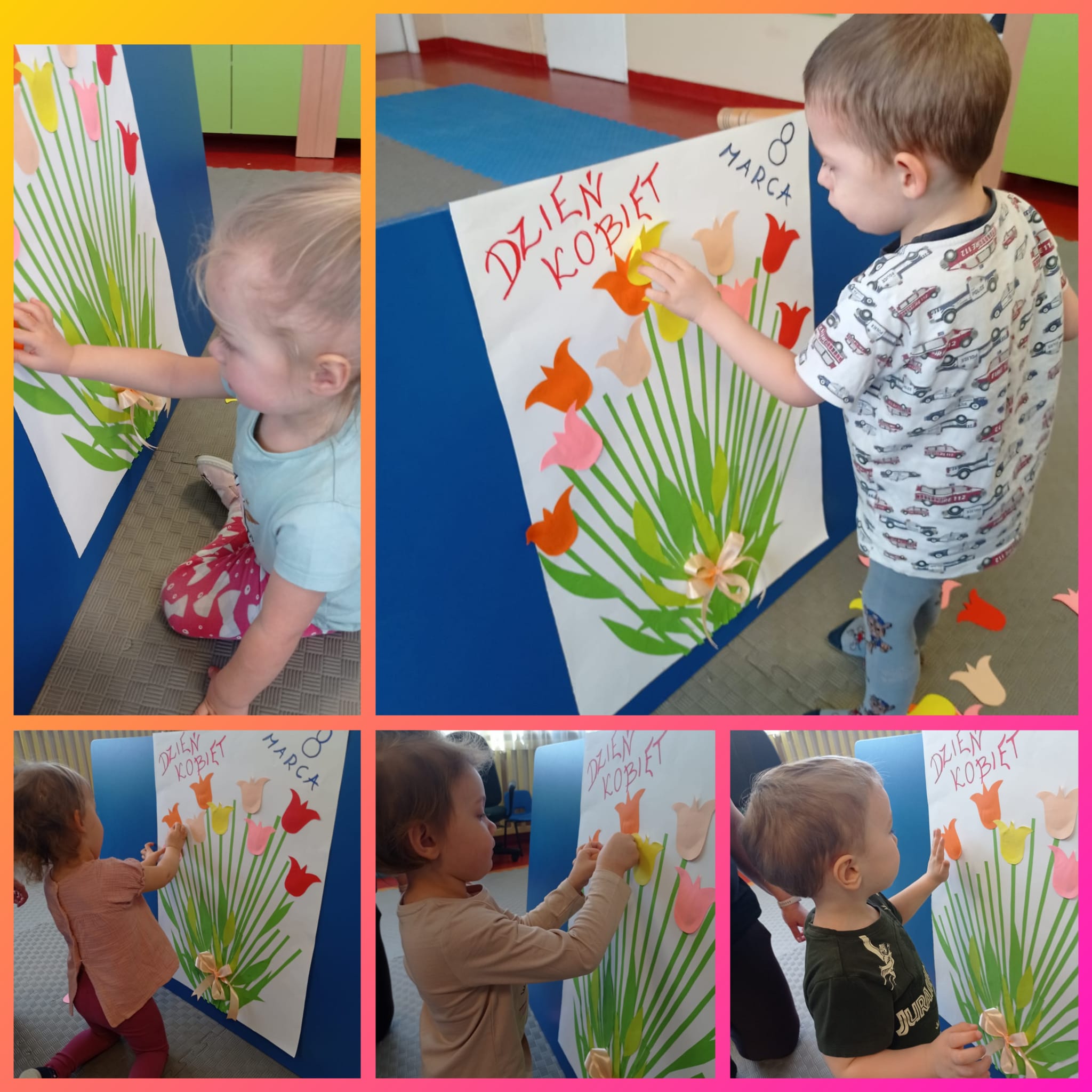 Maluszki przyklejają kwiatki