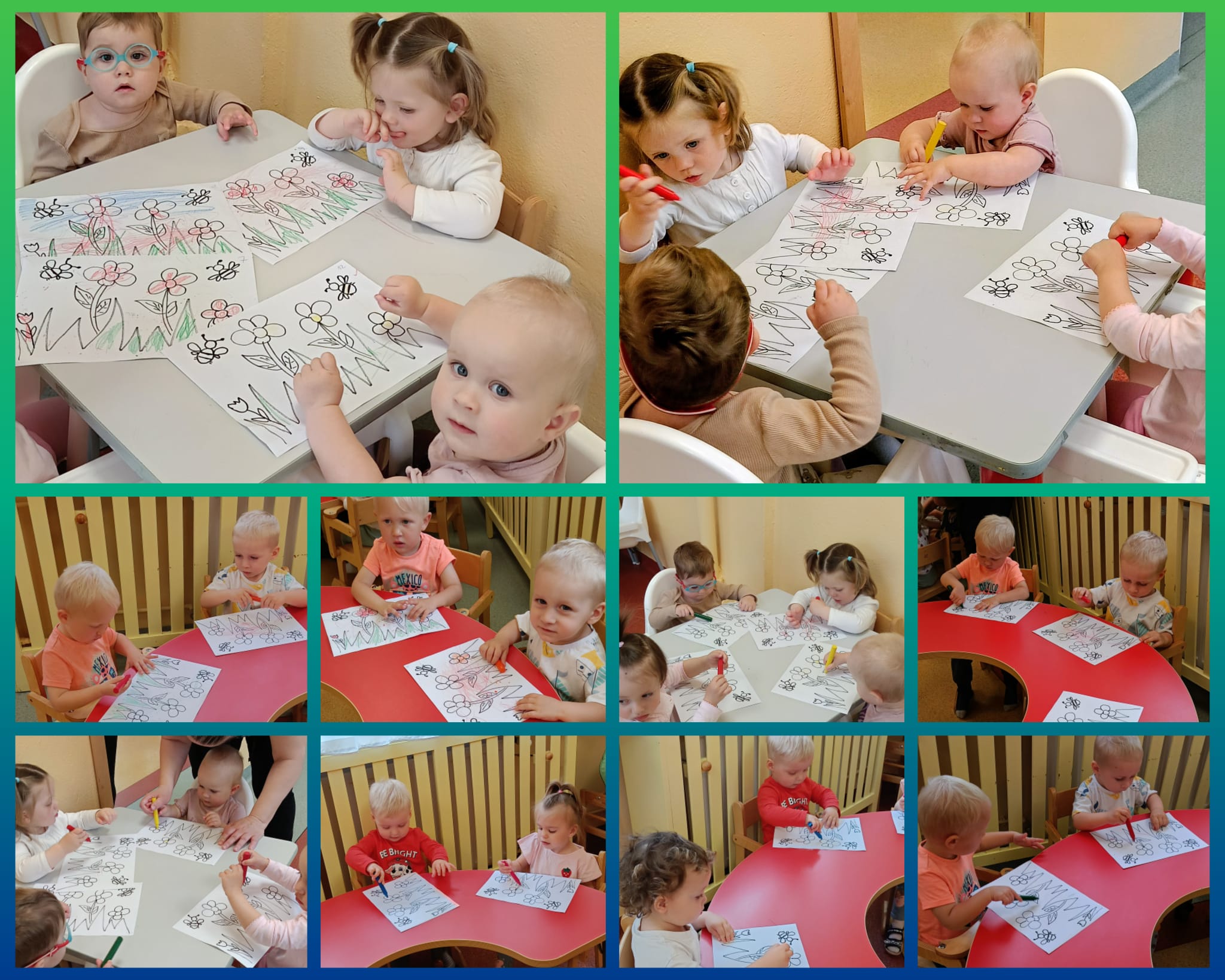Dzieci kolorują kwiaty na łące.