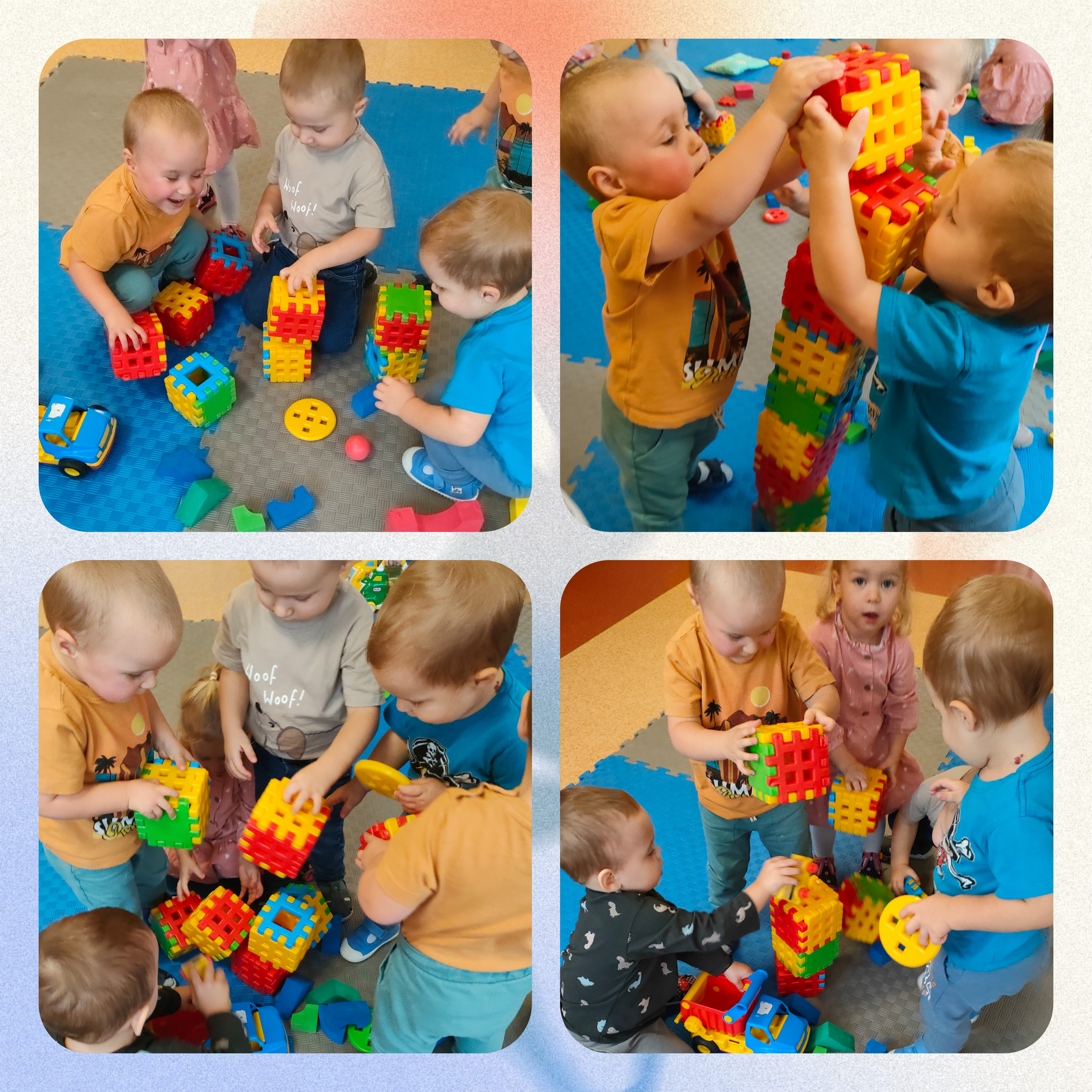 Dzieci budują wieże z klocków waflowych