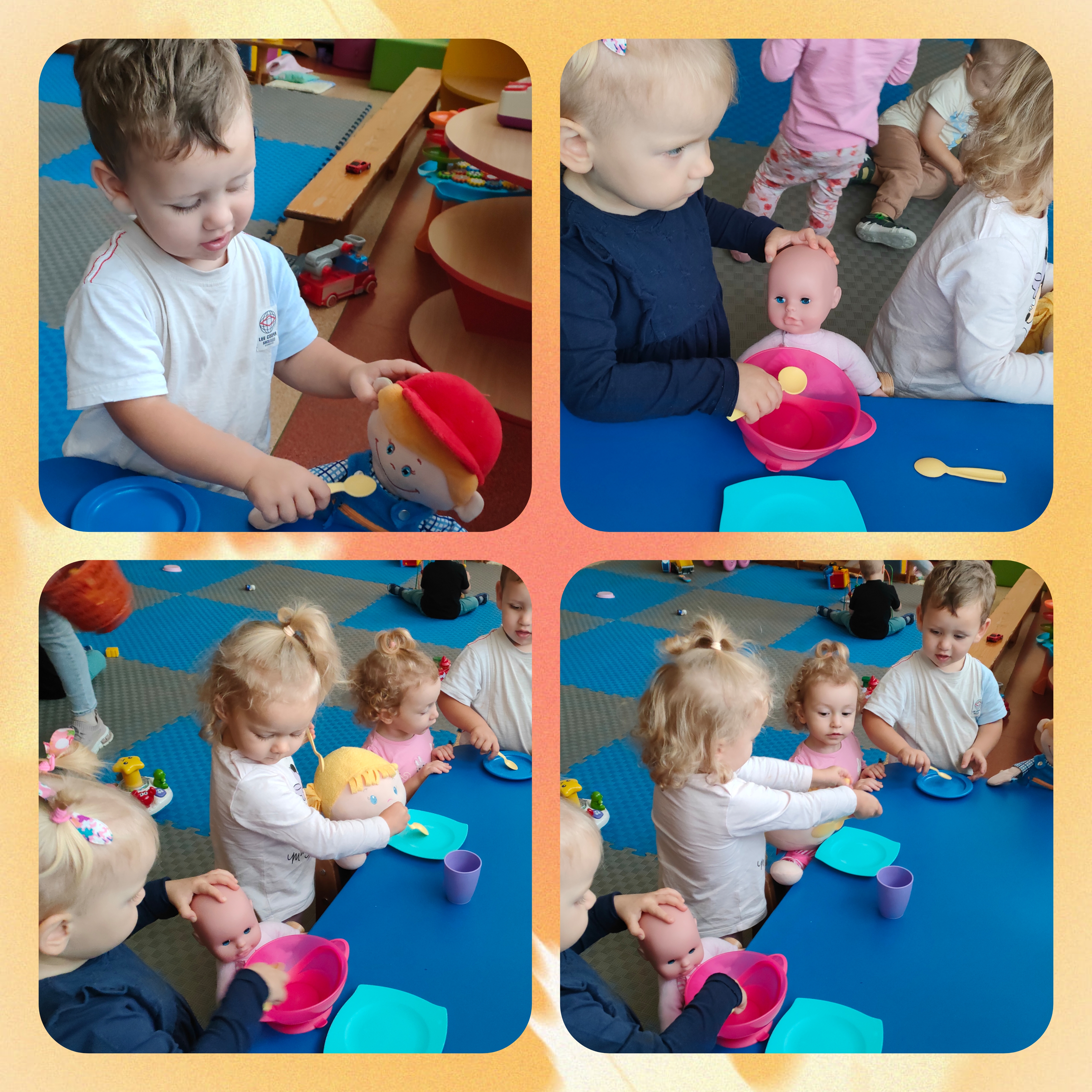 Maluszki karmią lalki łyżeczką