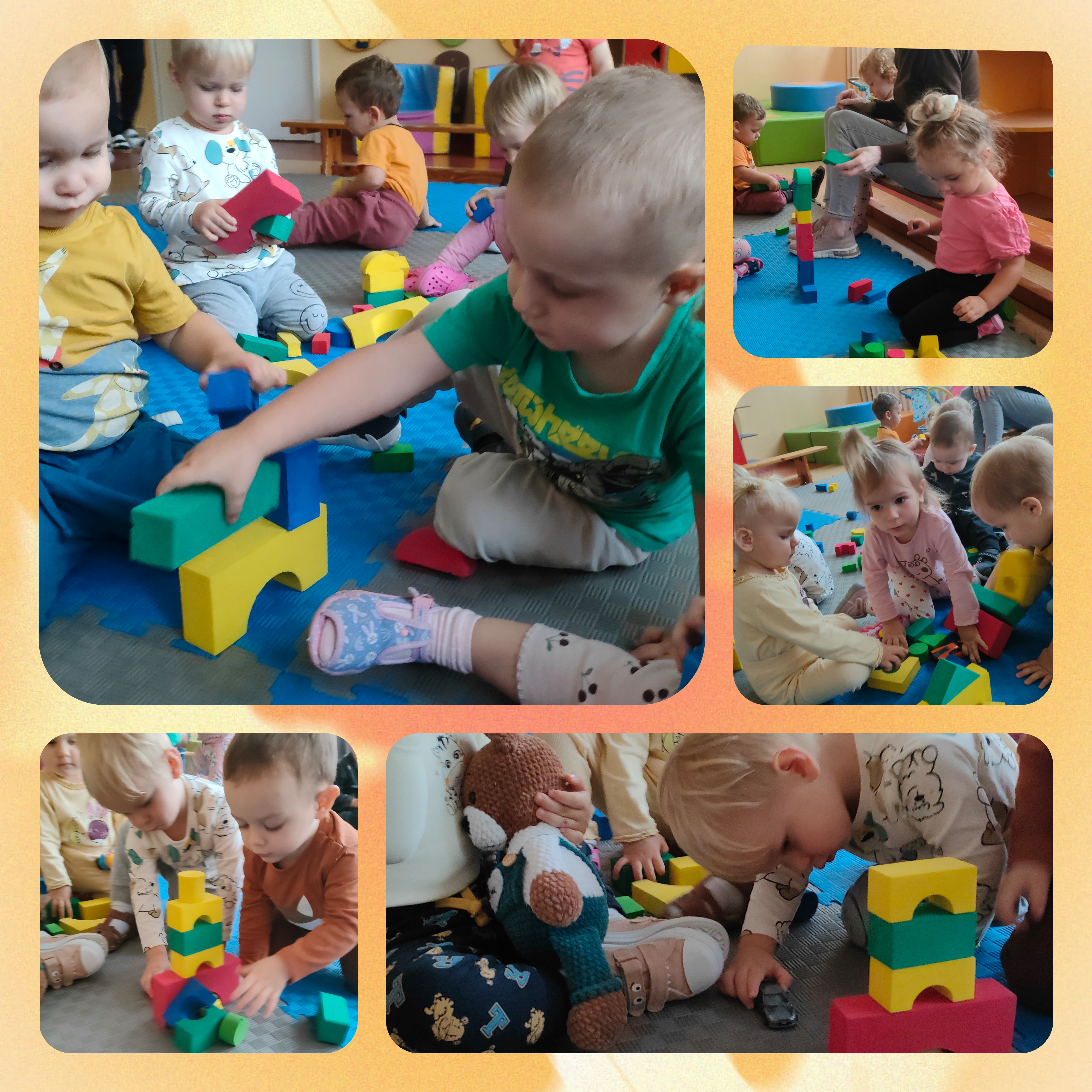 Dzieci budują wieże z klocków gąbkowych