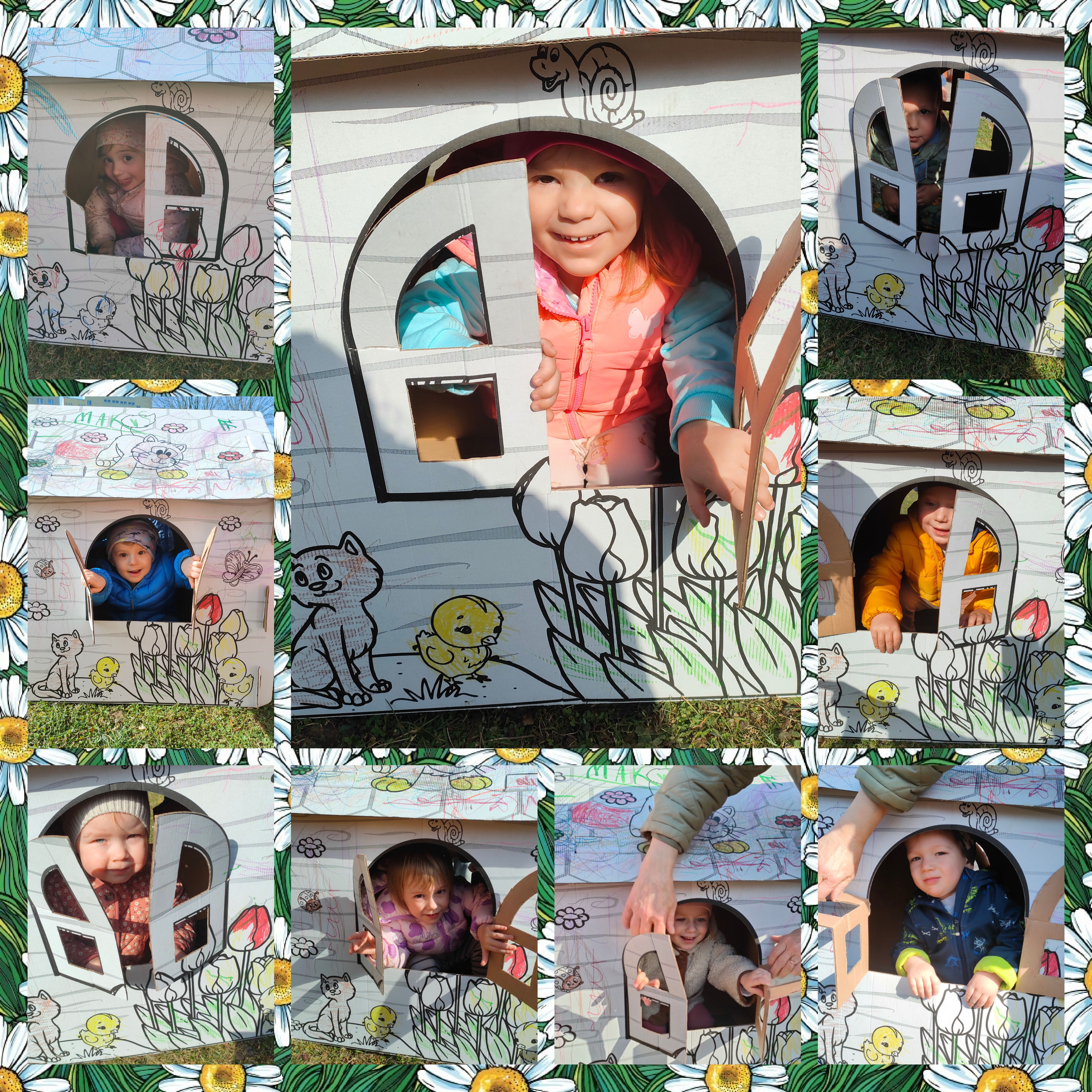 Dzieci w kartonowym domku wyglądają przez okienko