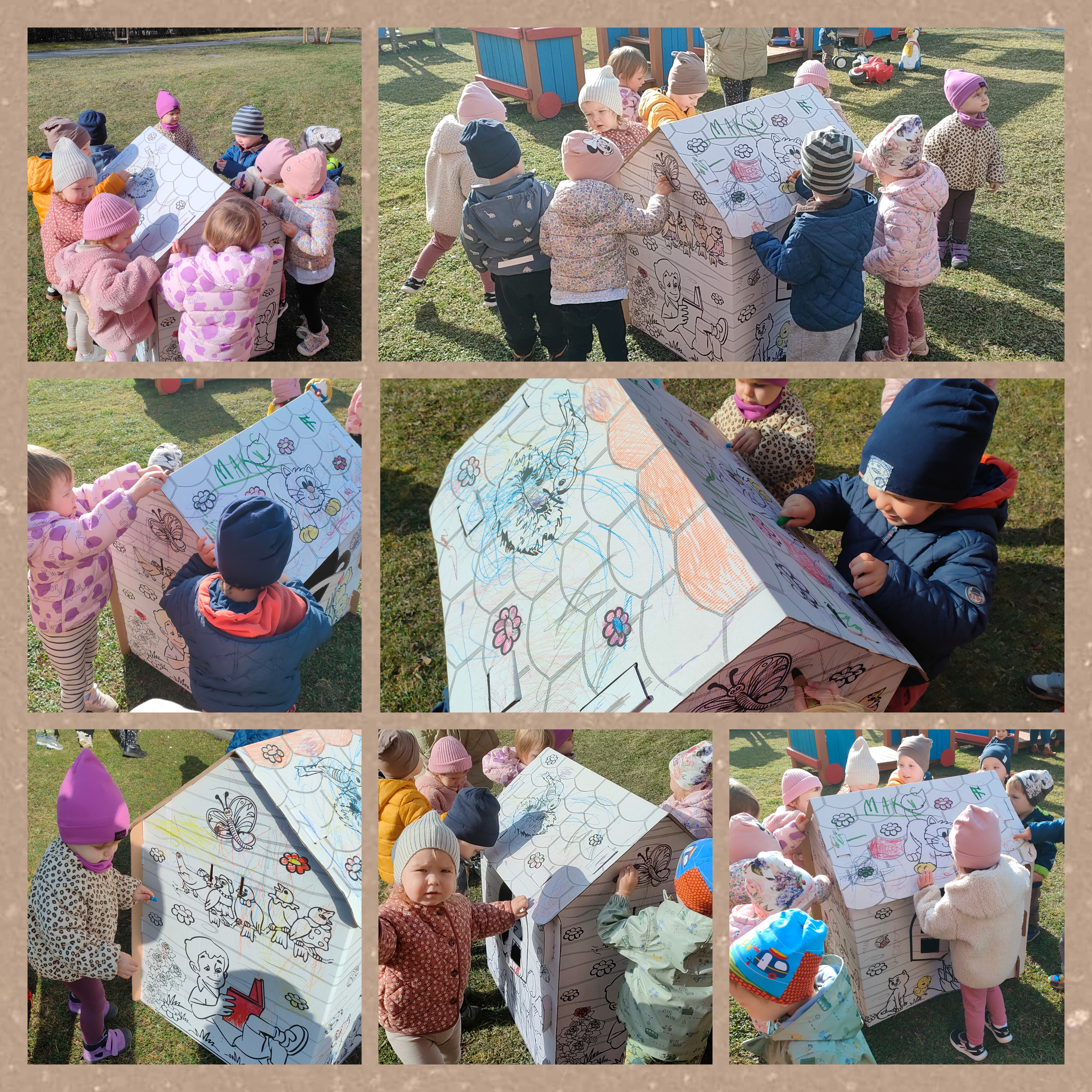 Maluszki kolorują kartonowy domek