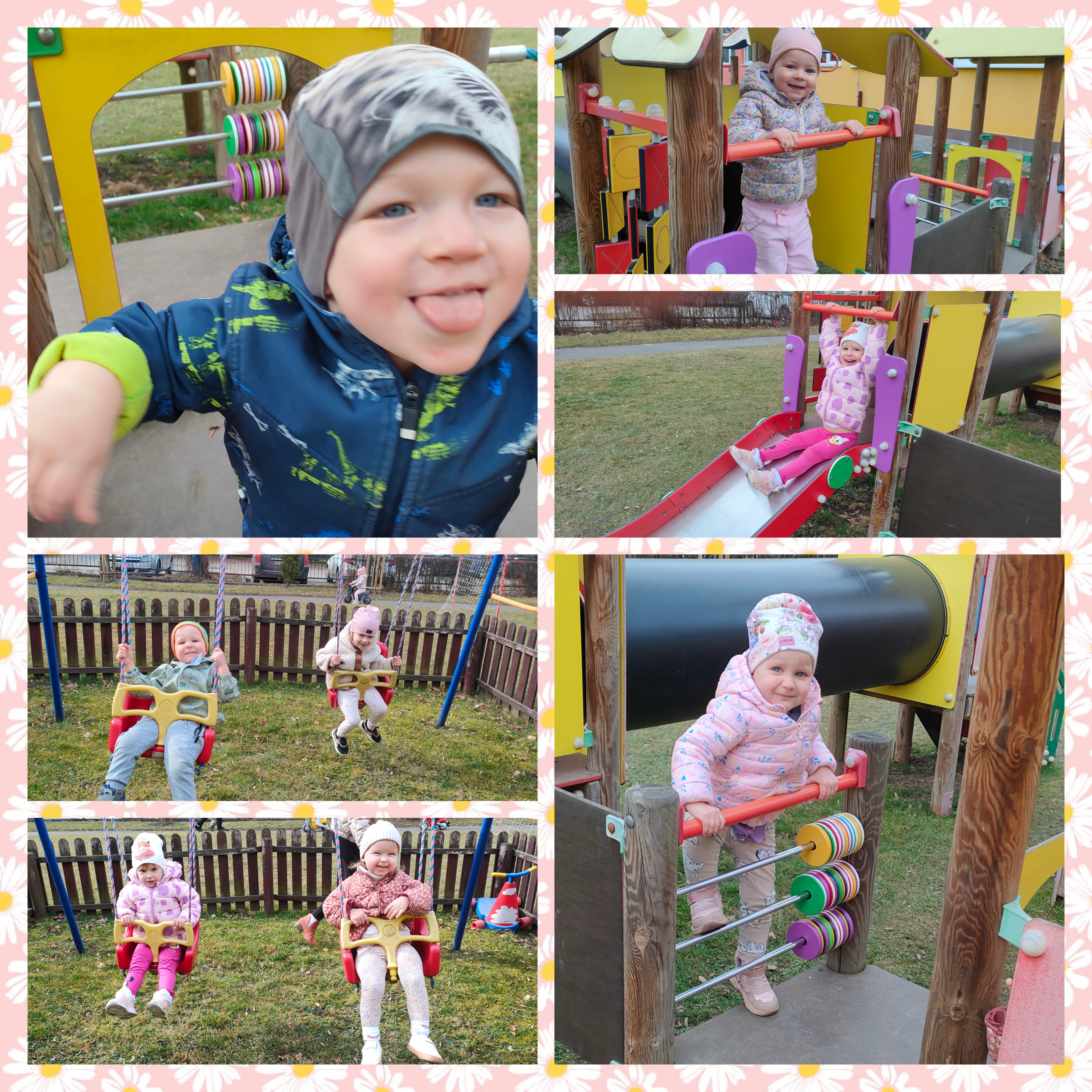 Dzieci huśtają się, wspinają, ślizgają po zjeżdżalni