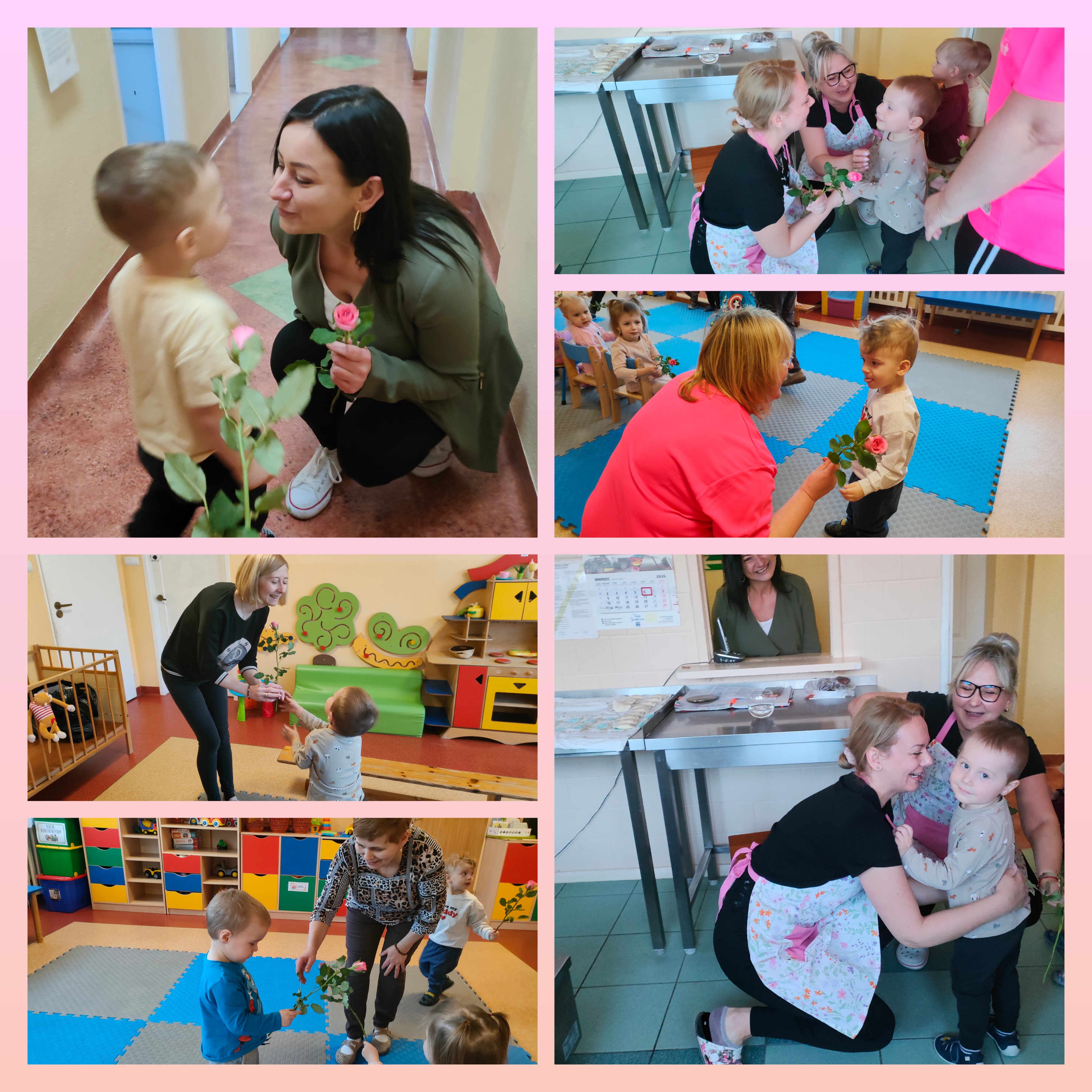 Dzieci wręczają kwiaty Paniom ze żłobka z okazji Dnia Kobiet