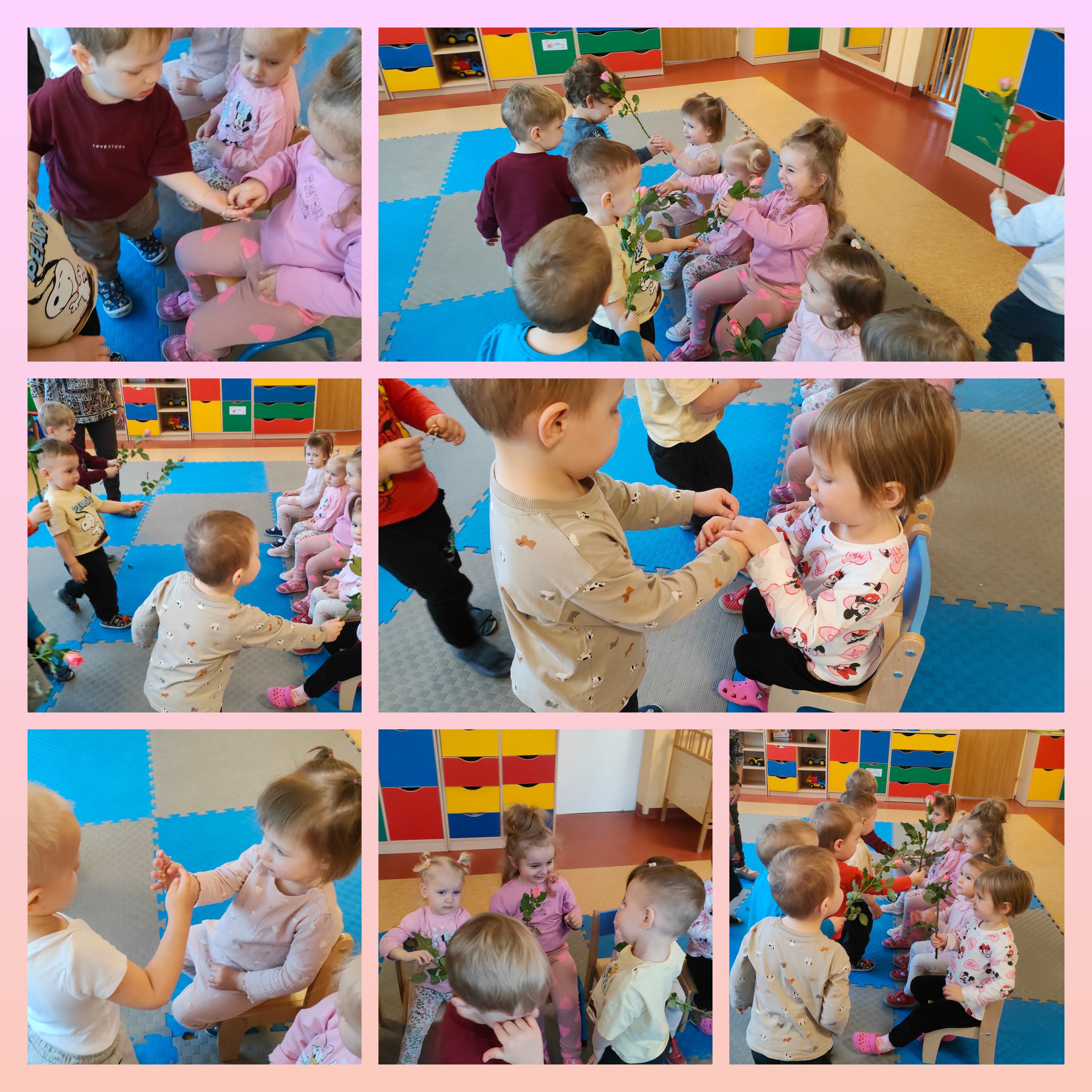 Chłopcy wręczają dziewczynkom upominki z okazji Dnia Kobiet