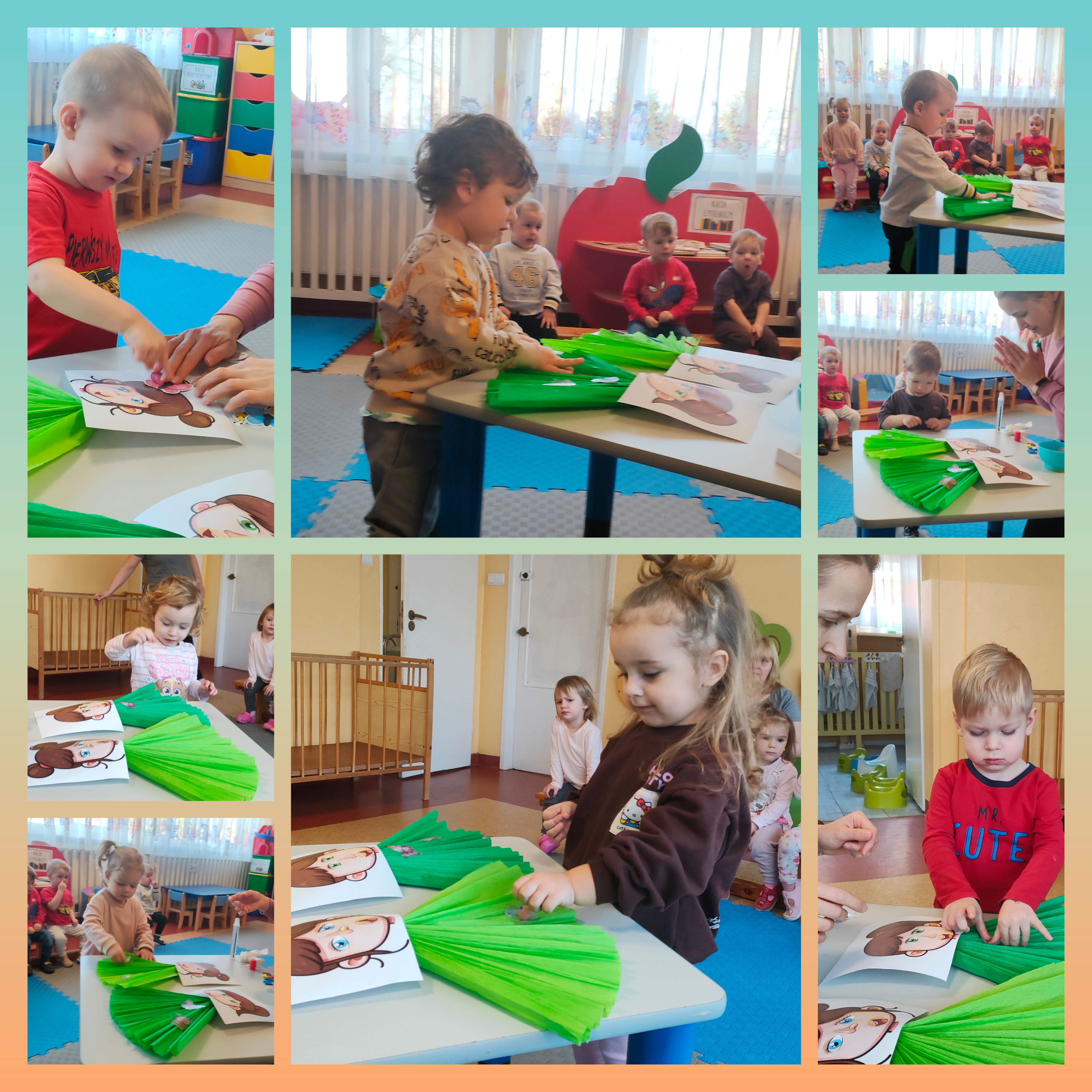 Dzieci ozdabiają naklejkami sukienkę wiosennych dziewczynek