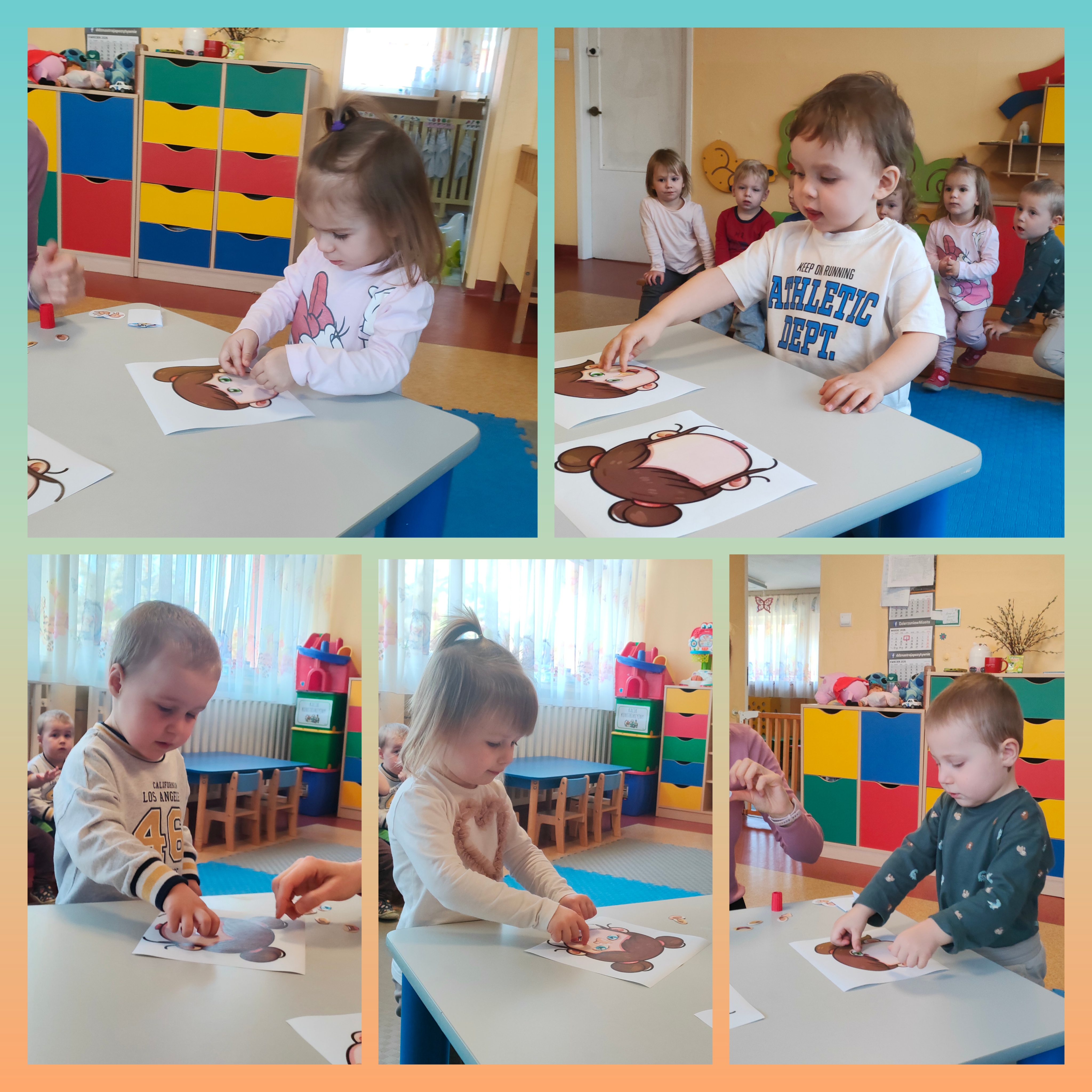 Dzieci przyklejają elementy twarzy dziewczynek