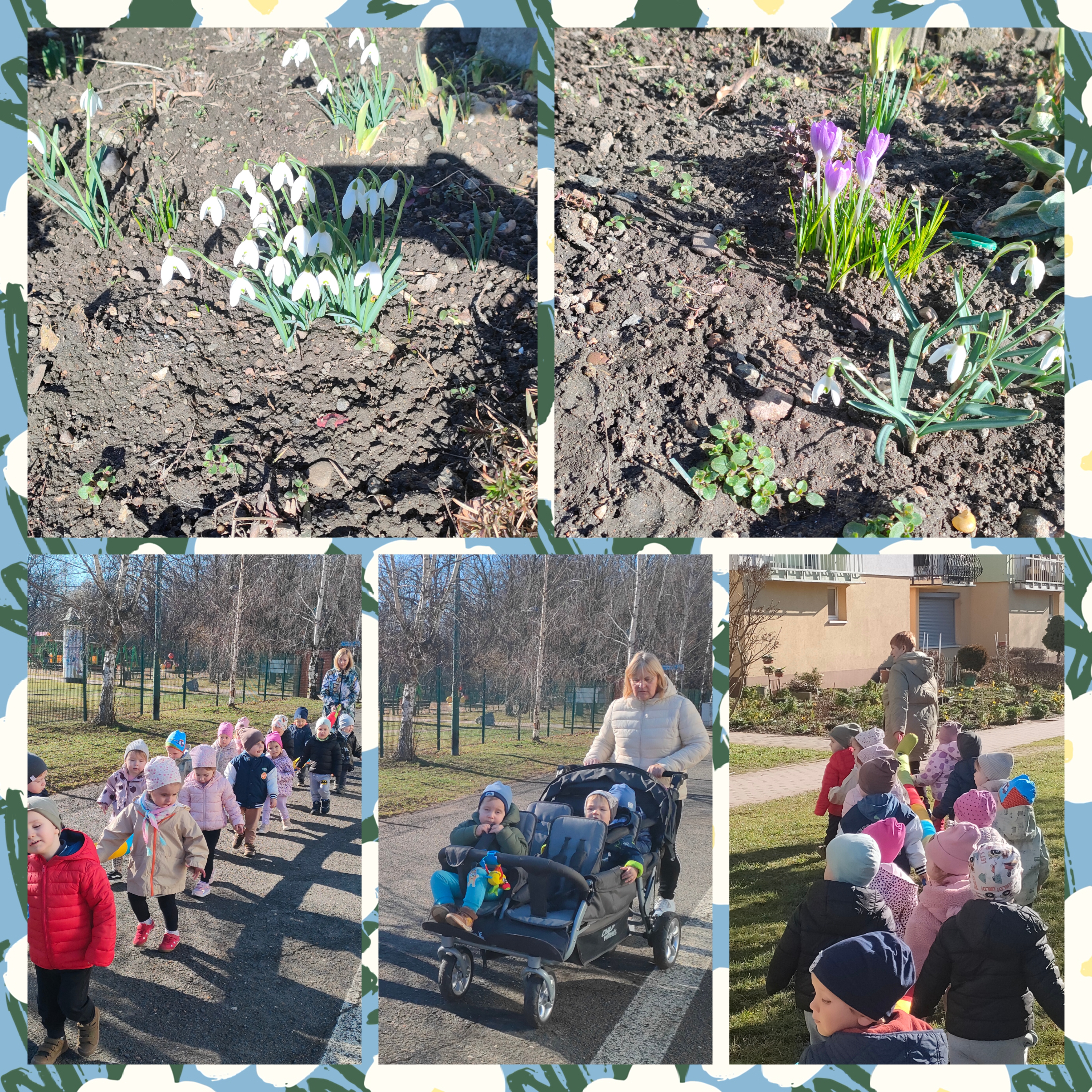 Dzieci spacerują i obserwują zmiany w przyrodzie po zimie, oglądają kwiaty