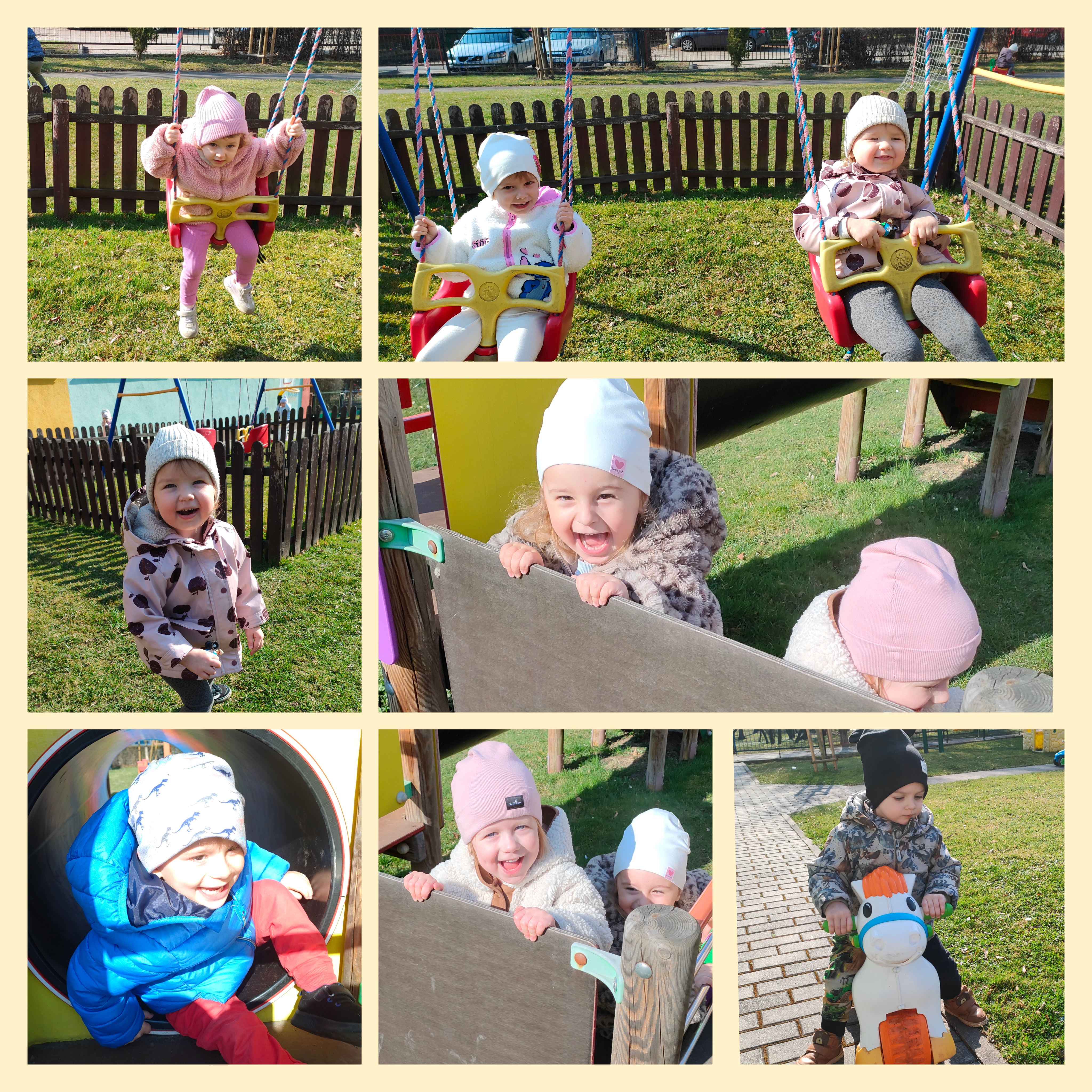 Maluszki na podwórku korzystają z placu zabaw