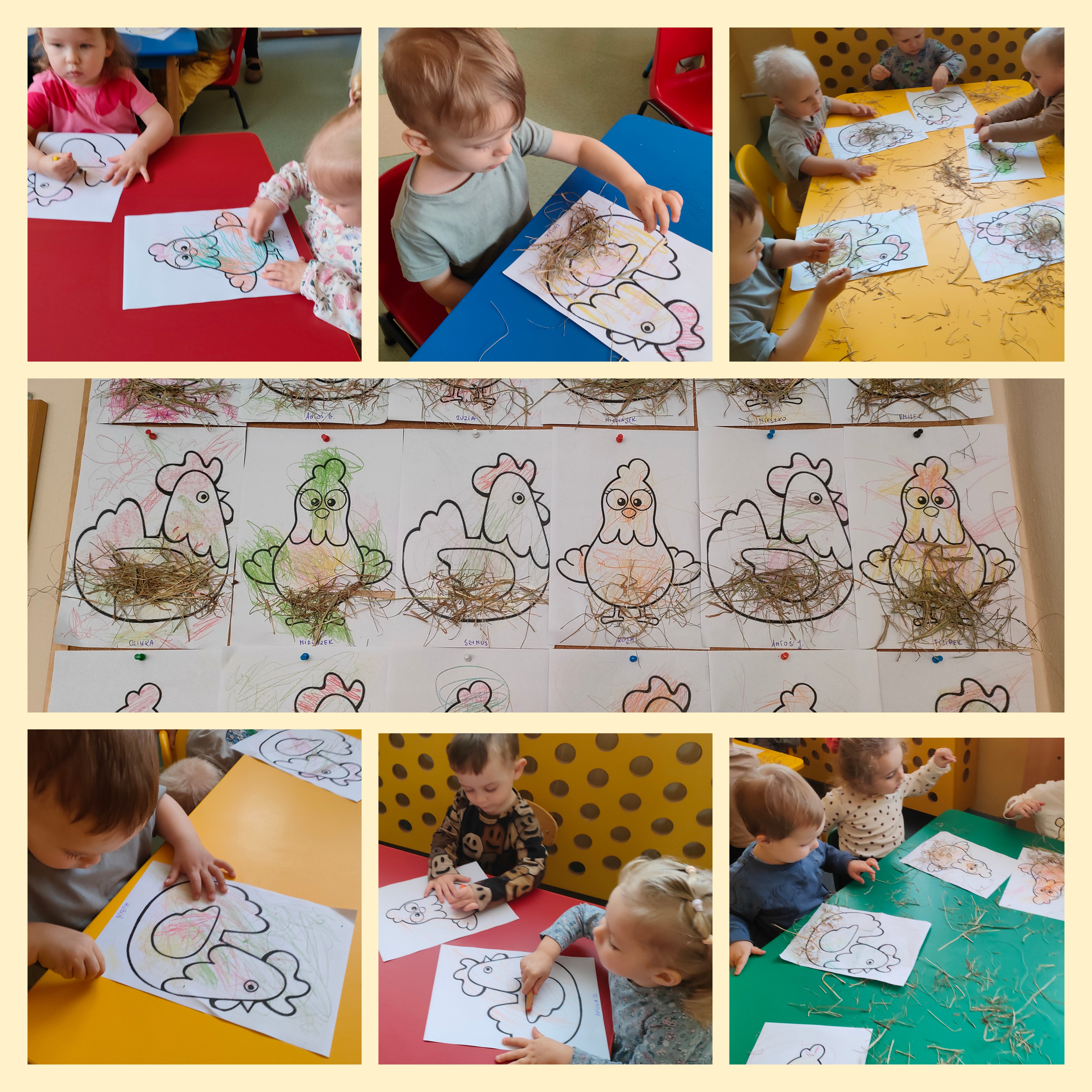Dzieci kolorują kurki i przyklejają sianko