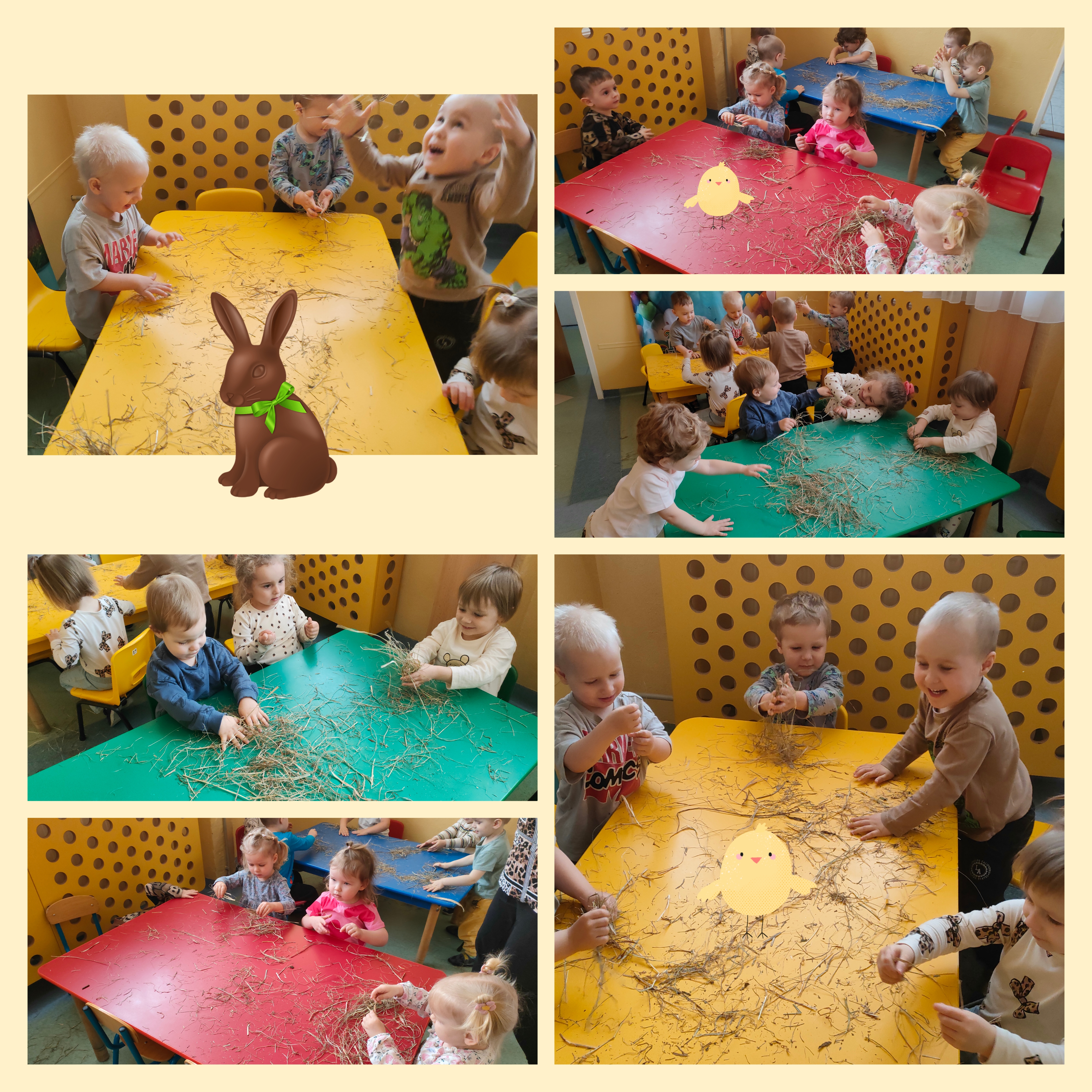 Maluchy bawią się siankiem