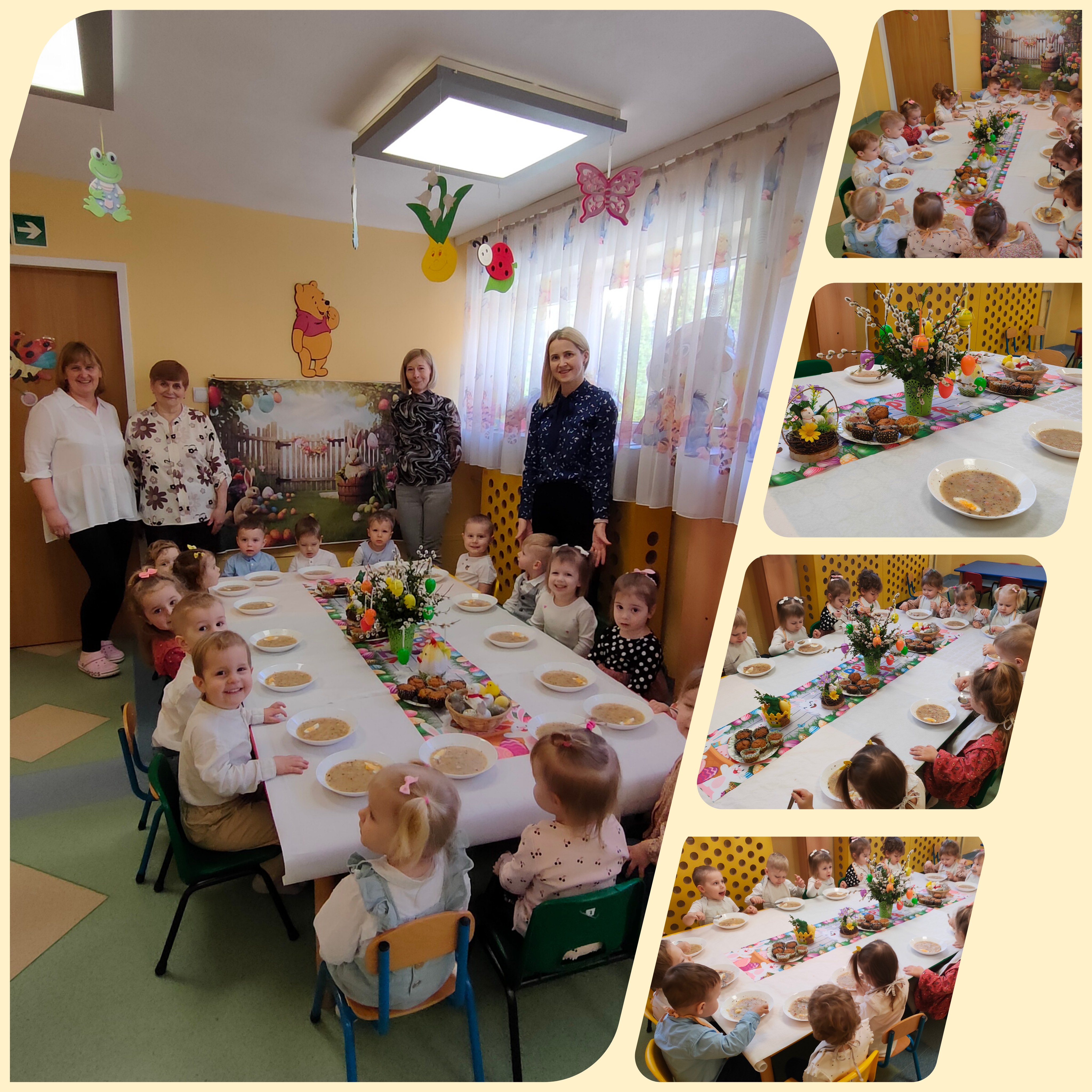 Dzieci i panie przy Wielkanocnym stole