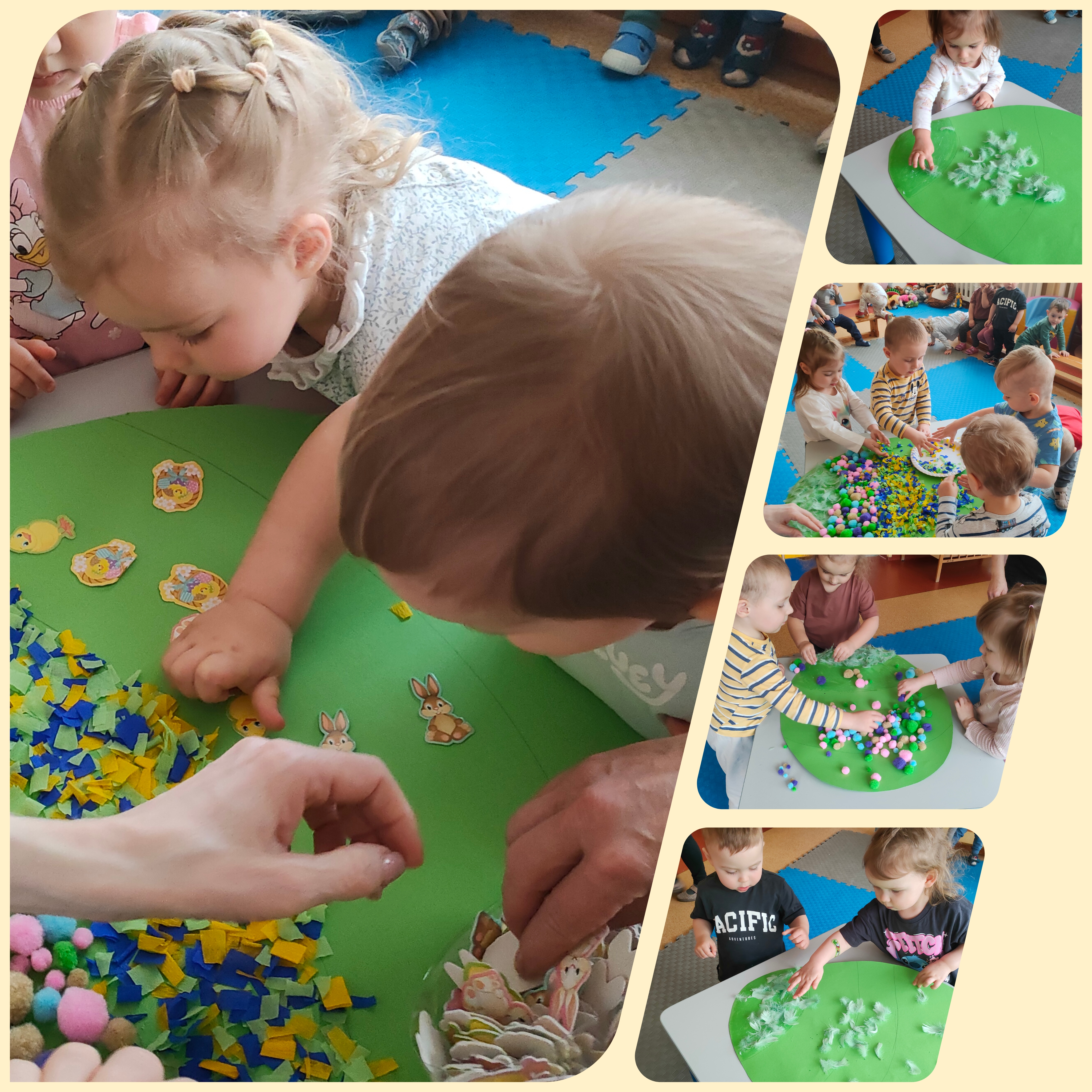 Dzieci wyklejają wielką pisankę