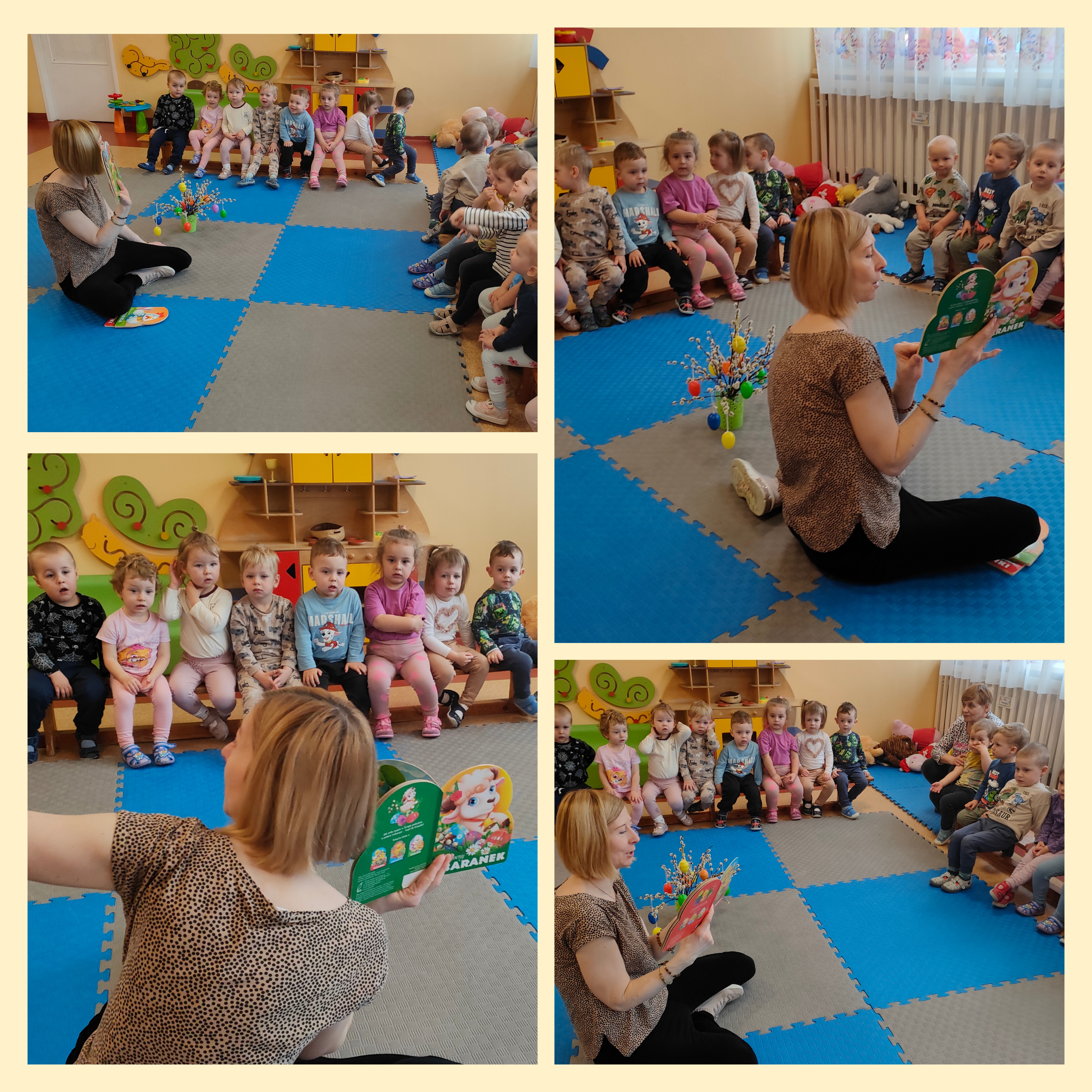 Dzieci słuchają książeczki wielkanocnej