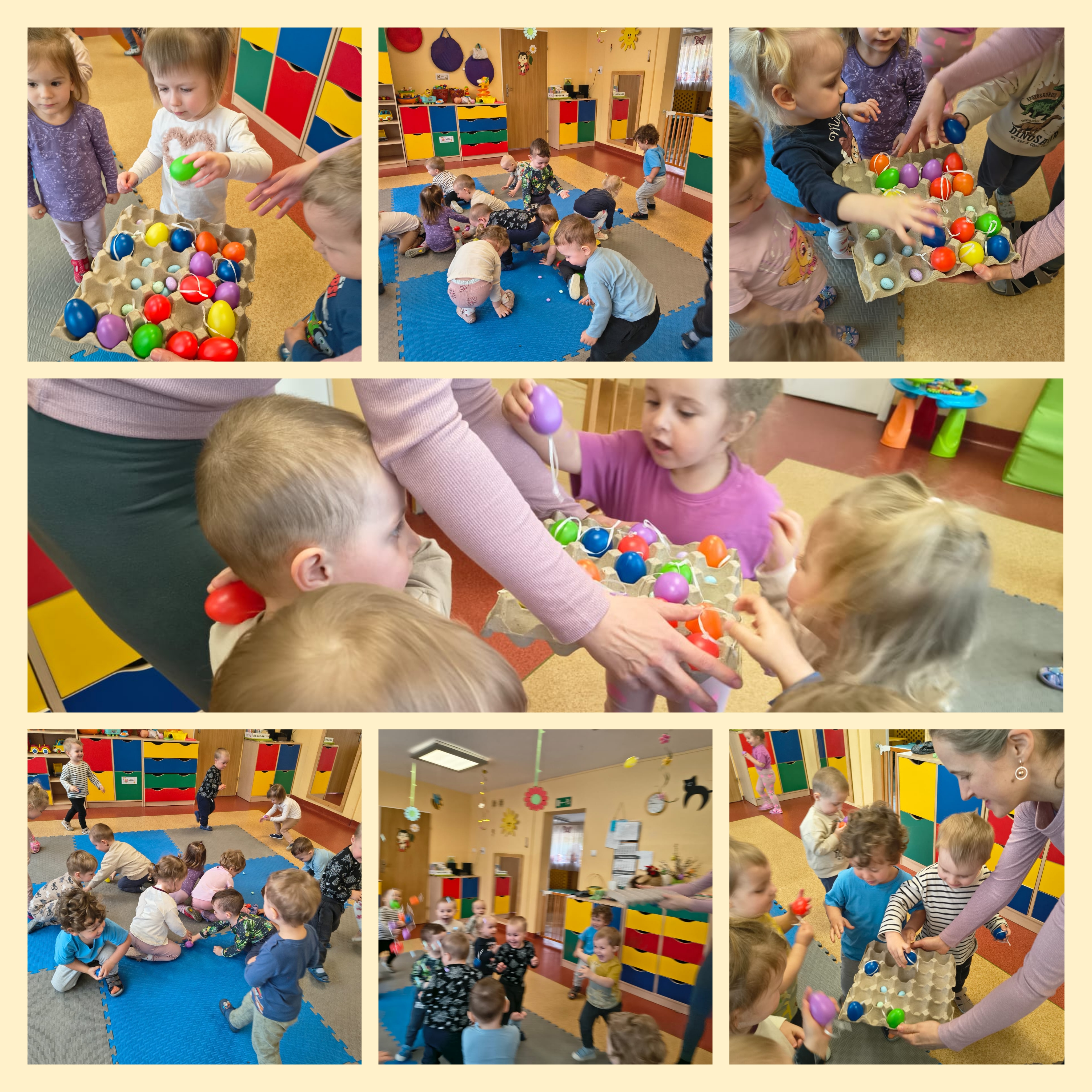 Dzieci zbierają rozsypane jajka do wytłaczanki