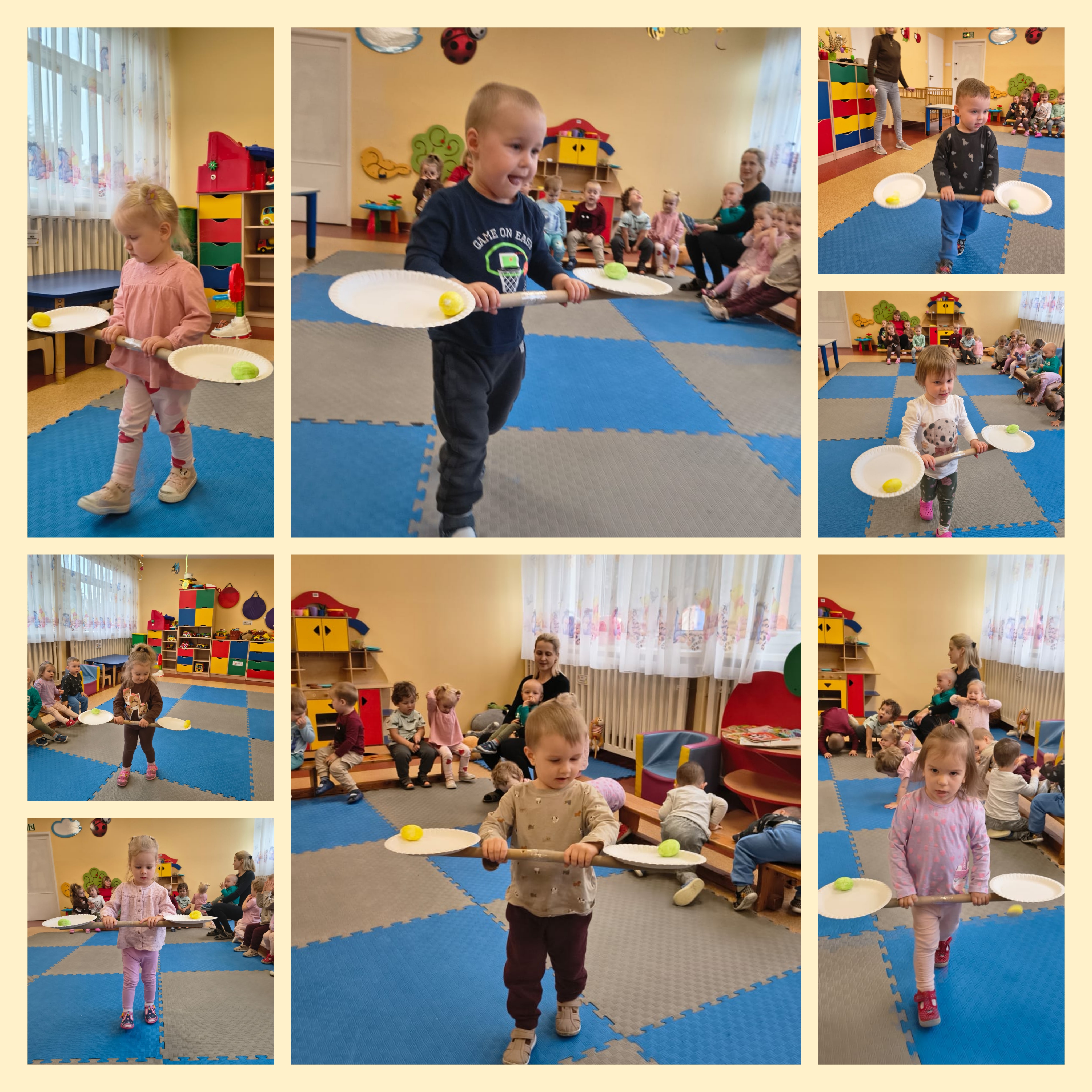 Maluszki ćwiczą równowagę i noszą na talerzykach papierowych jajeczka