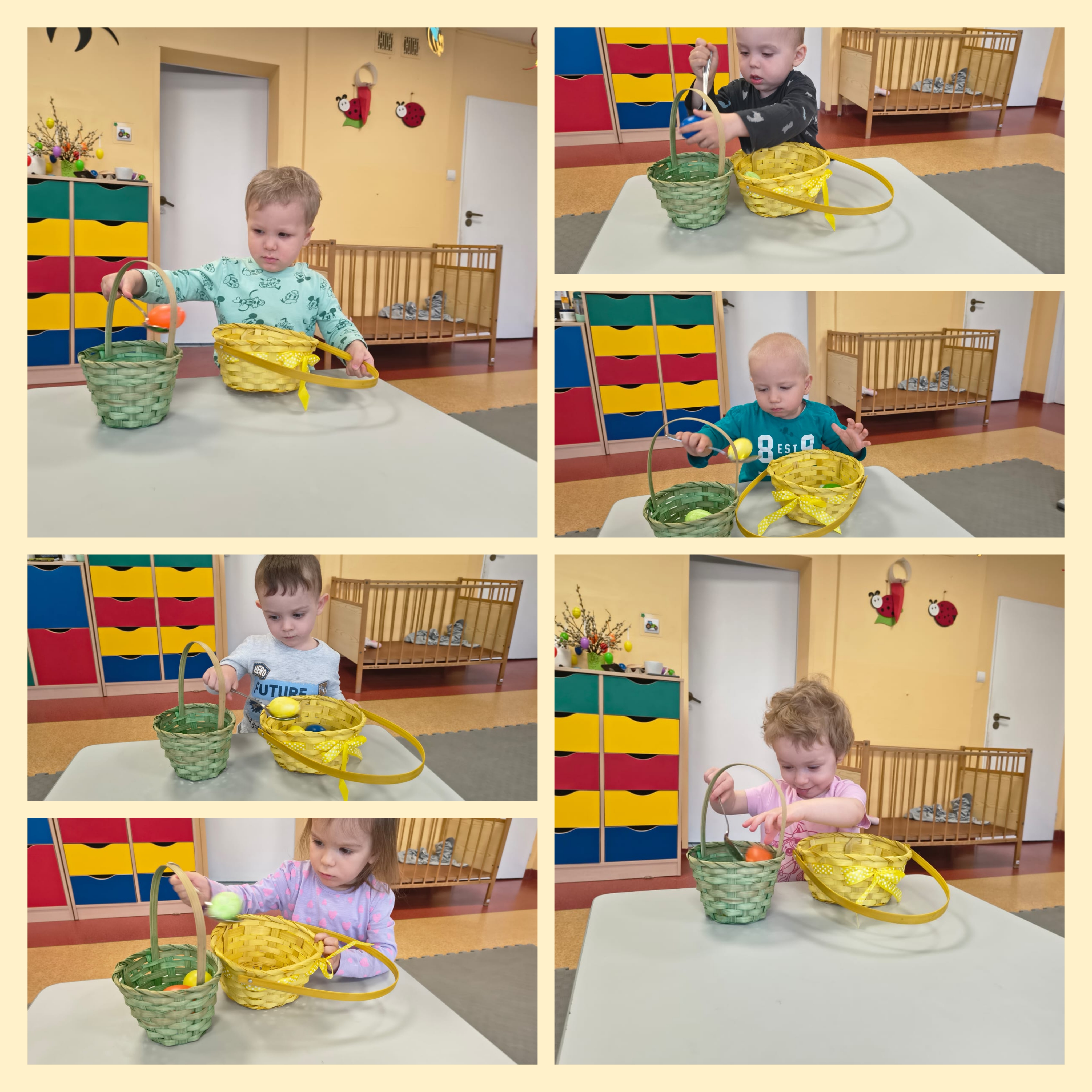 Dzieci przekładają jajka z koszyka do koszyka przy pomocy łyżki