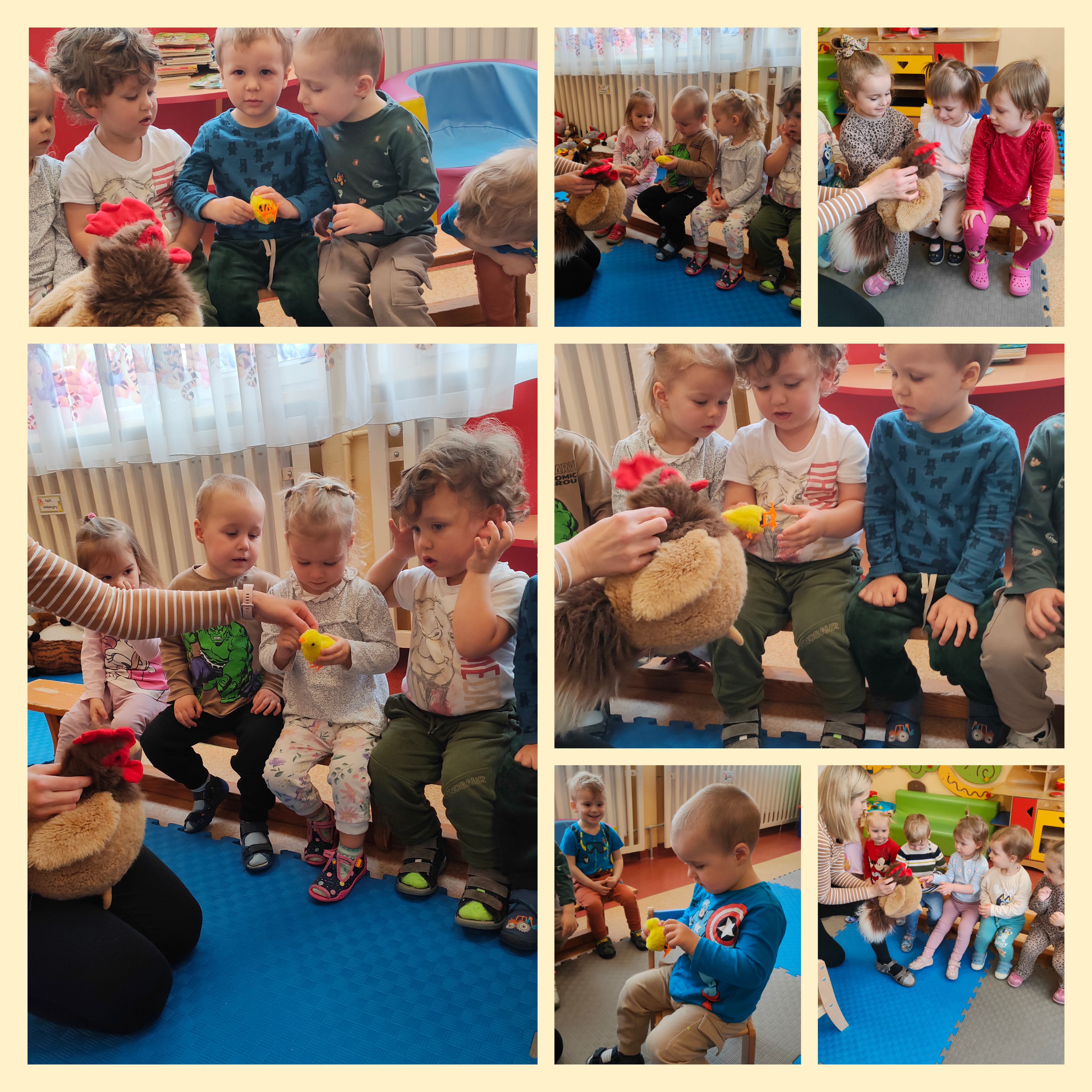 Dzieci witają się z kurką Zosią i małym kurczaczkiem