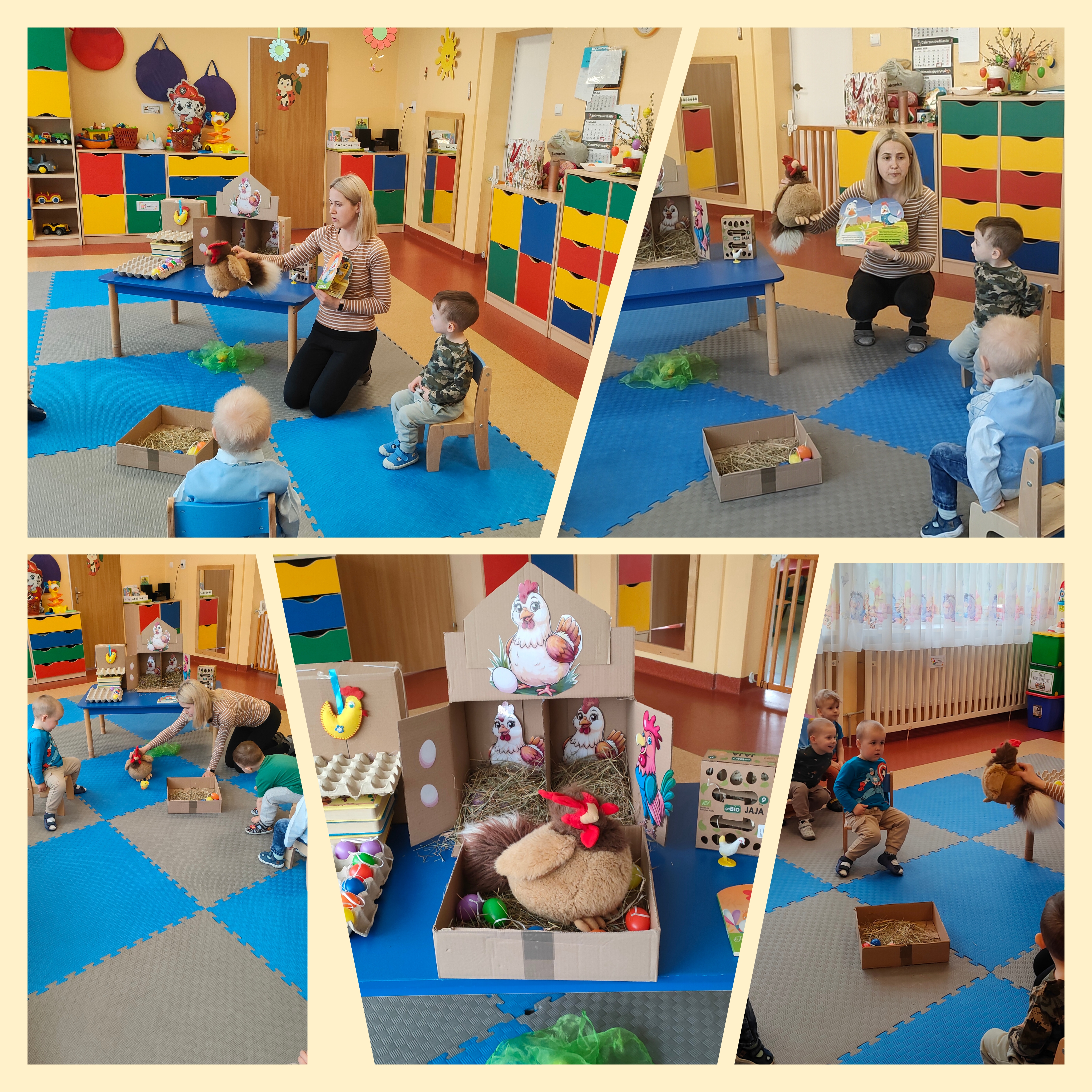 Dzieci słuchają i oglądają inscenizację książeczki Pstrokata kurka